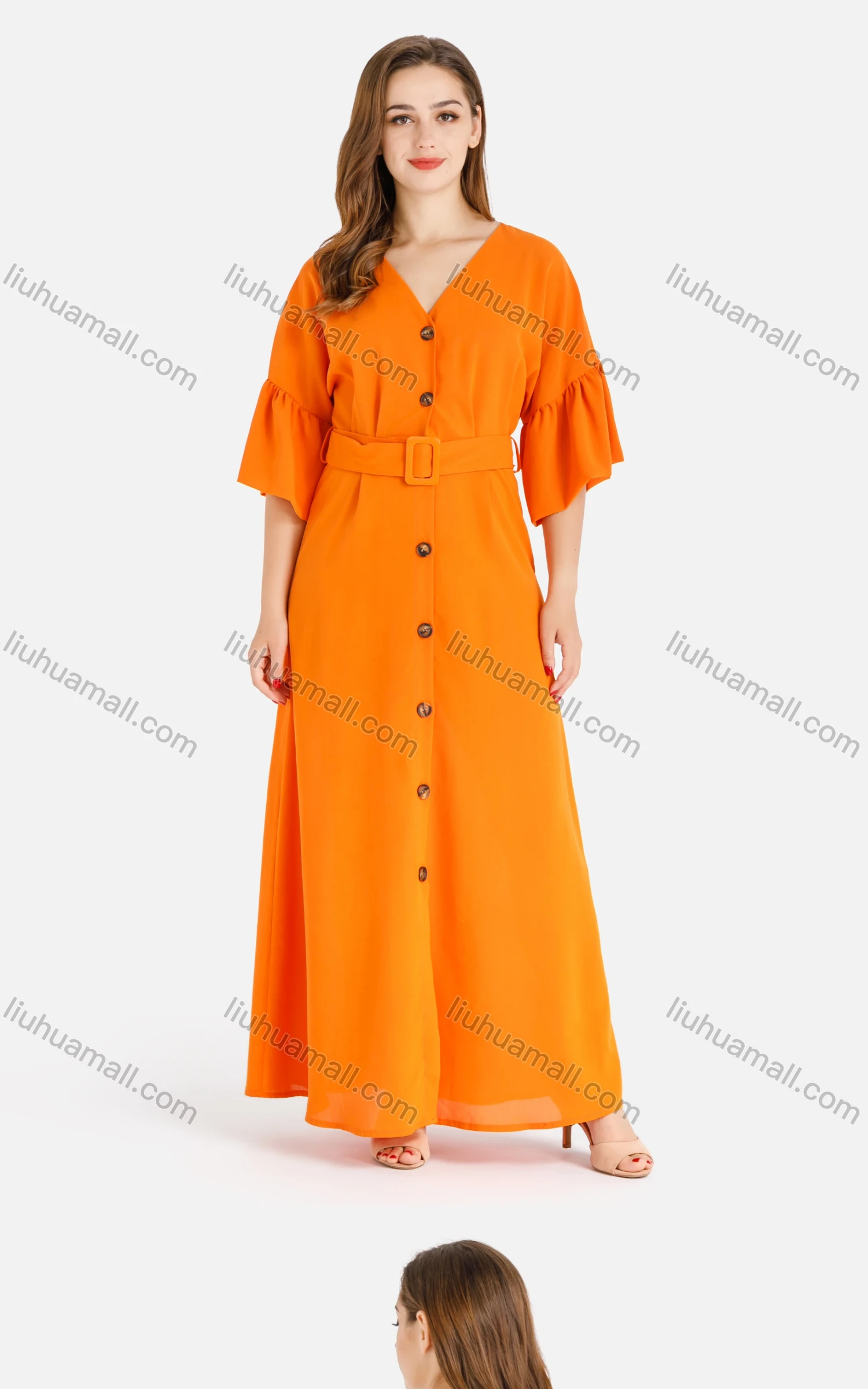 Wholesale Women's Casual Plain V-Neck Ruffle Sleeve Buttons Down Maxi Dress With Belt - Liuhuamall