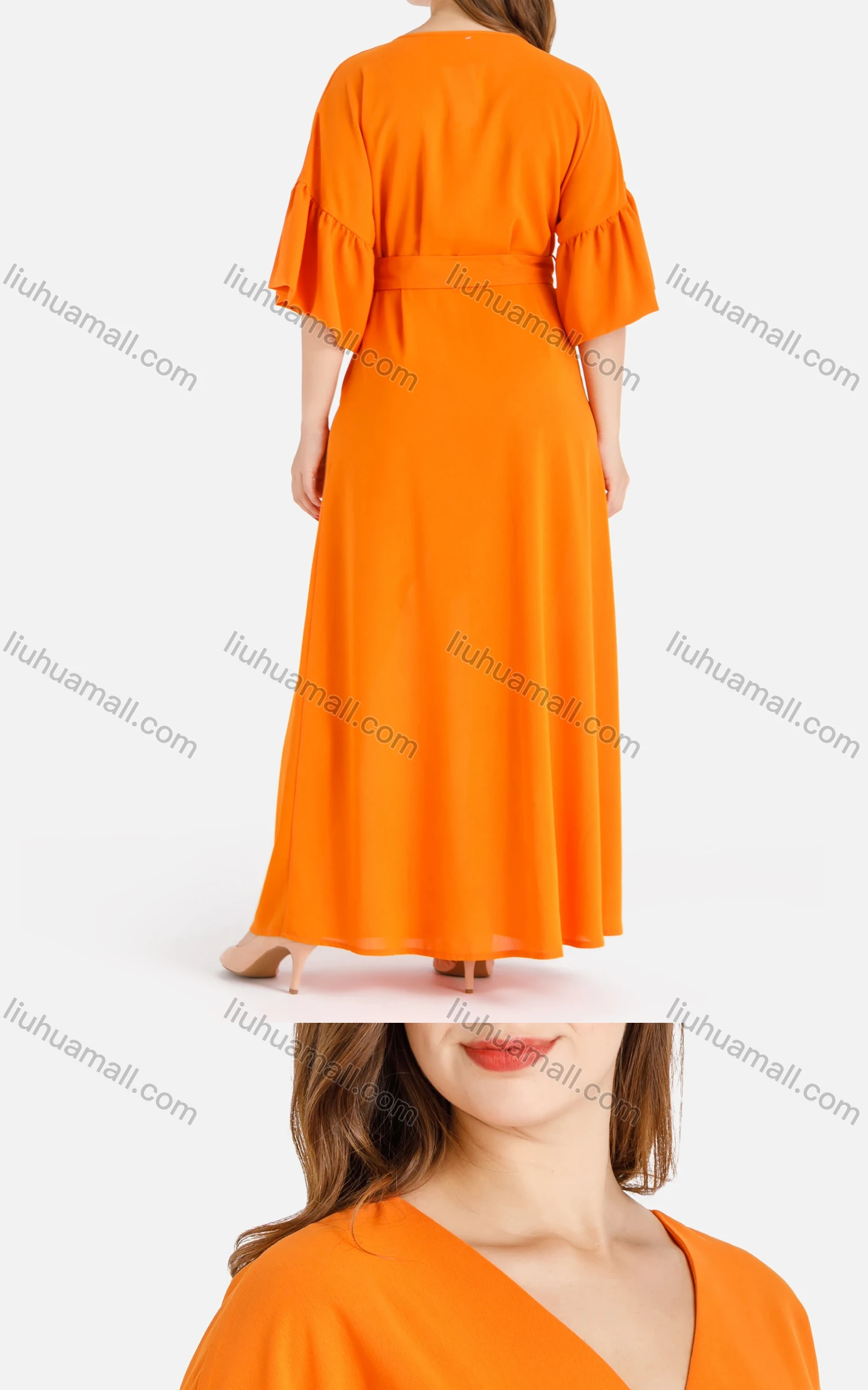 Wholesale Women's Casual Plain V-Neck Ruffle Sleeve Buttons Down Maxi Dress With Belt - Liuhuamall