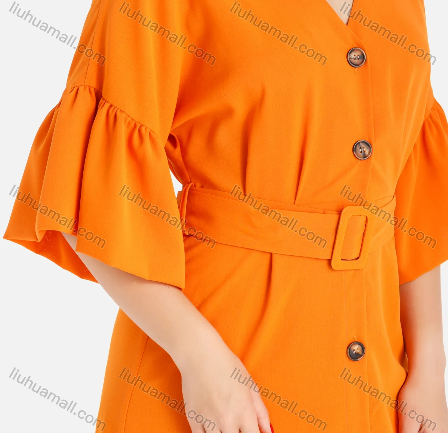 Wholesale Women's Casual Plain V-Neck Ruffle Sleeve Buttons Down Maxi Dress With Belt - Liuhuamall