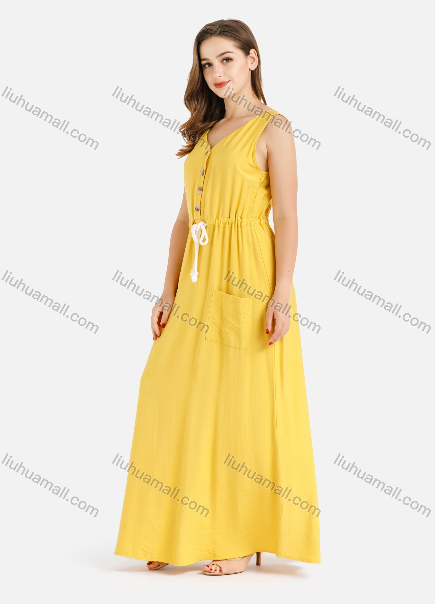 Wholesale Women's Casual Plain V-Neck Buttons Front Drawstring Sleeveless Maxi Tank Dress - Liuhuamall