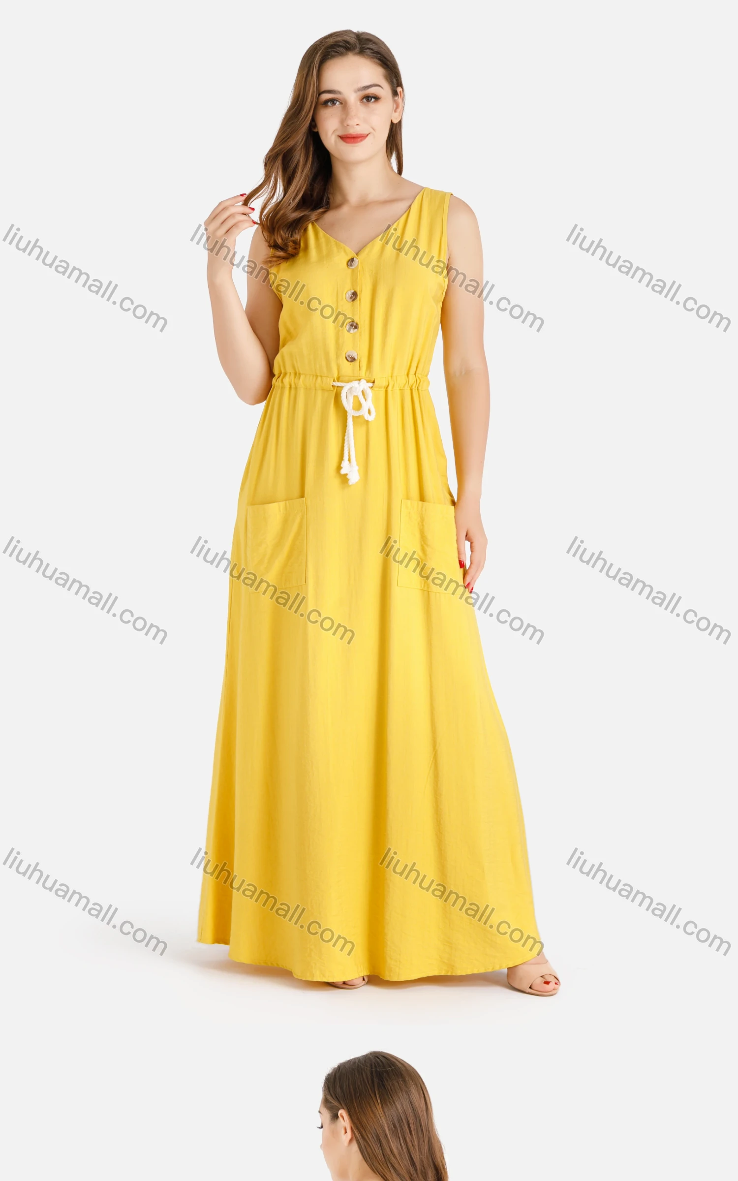 Wholesale Women's Casual Plain V-Neck Buttons Front Drawstring Sleeveless Maxi Tank Dress - Liuhuamall