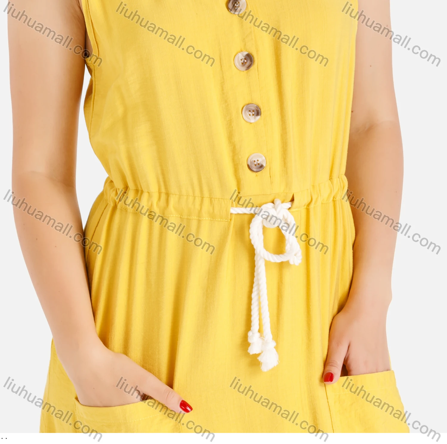 Wholesale Women's Casual Plain V-Neck Buttons Front Drawstring Sleeveless Maxi Tank Dress - Liuhuamall