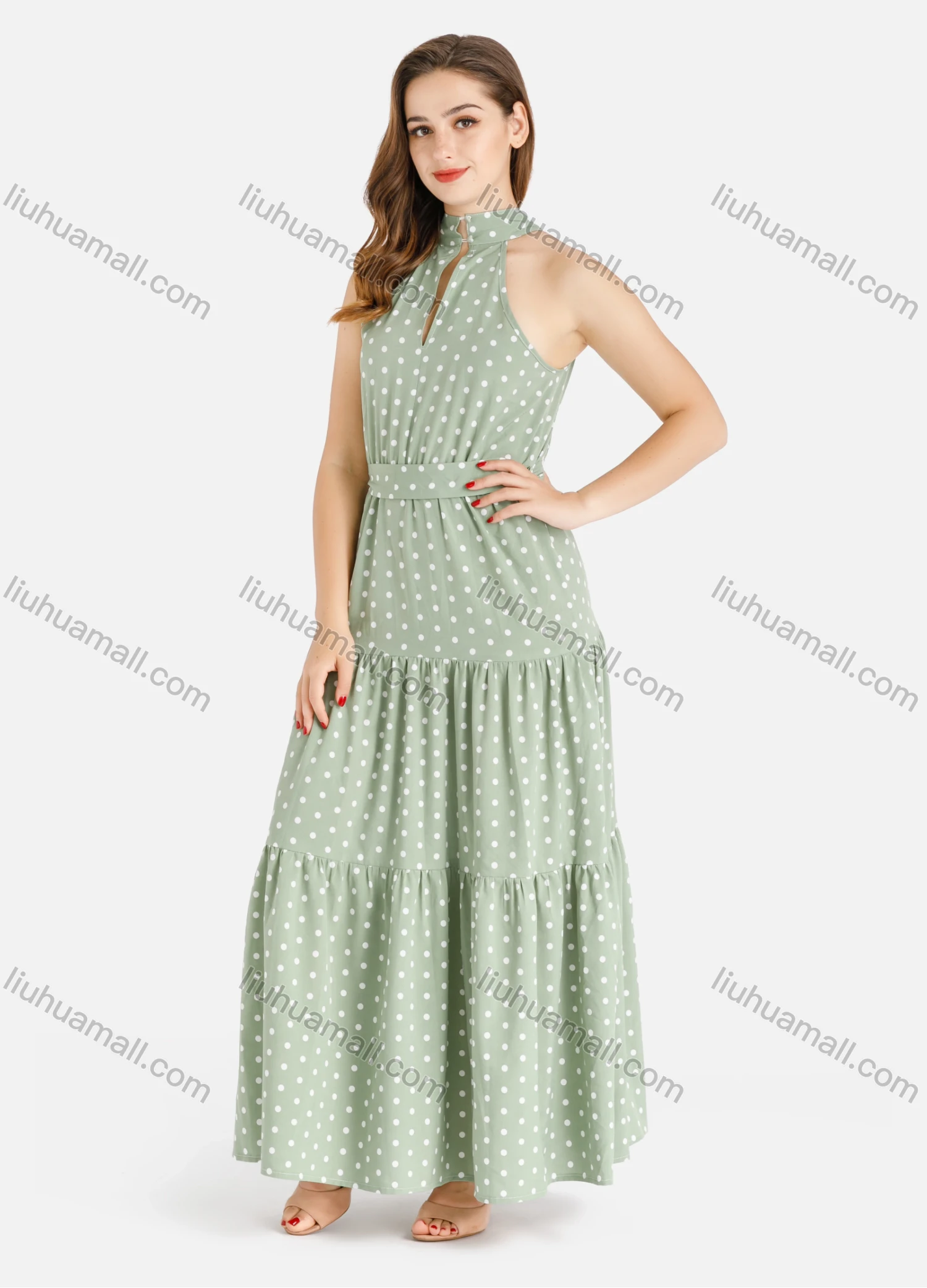 Wholesale Women's Casual Sleeveles Layered Ruffle Hem Polka Dot Print Maxi Halter Dress With Belt - Liuhuamall