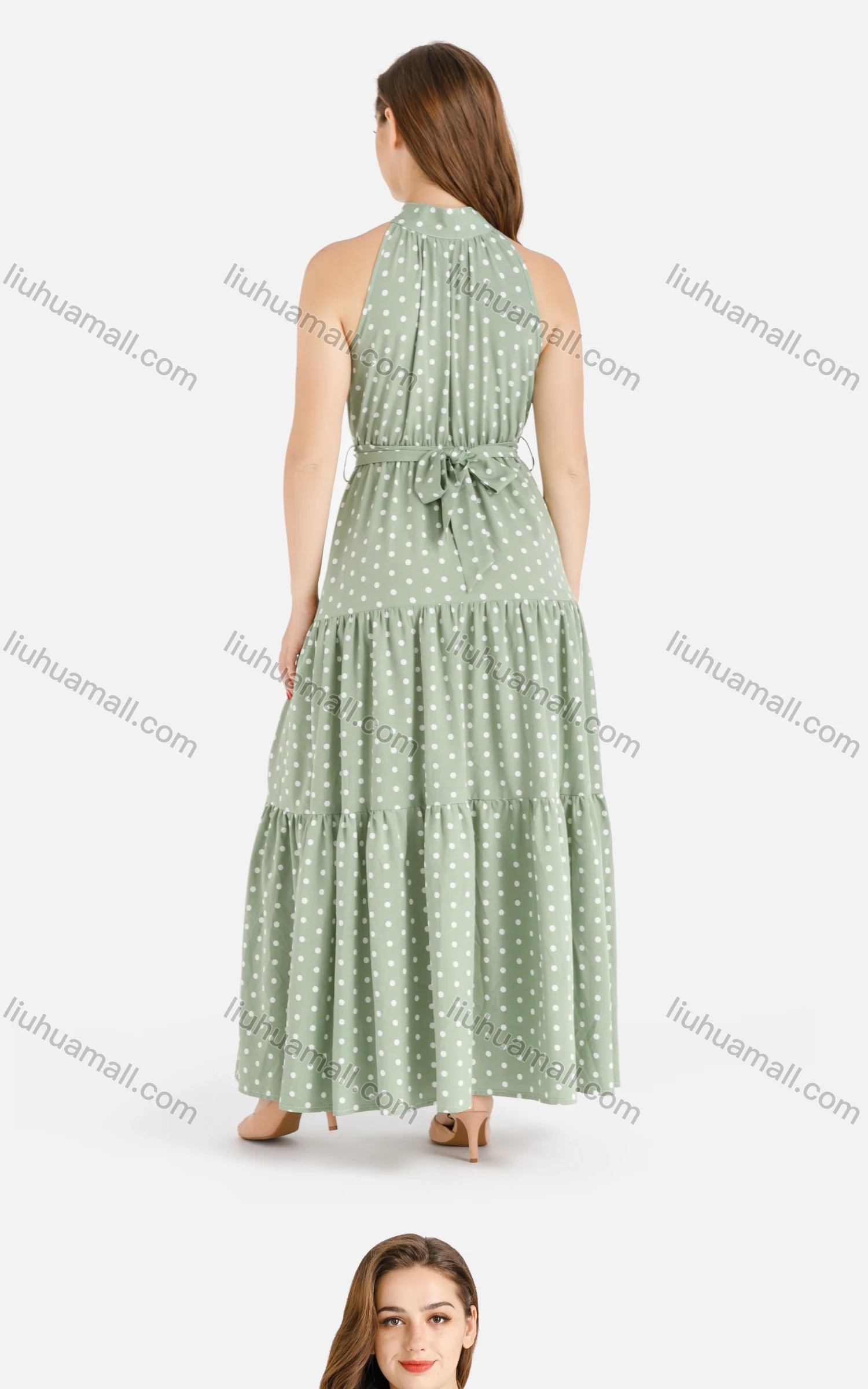 Wholesale Women's Casual Sleeveles Layered Ruffle Hem Polka Dot Print Maxi Halter Dress With Belt - Liuhuamall