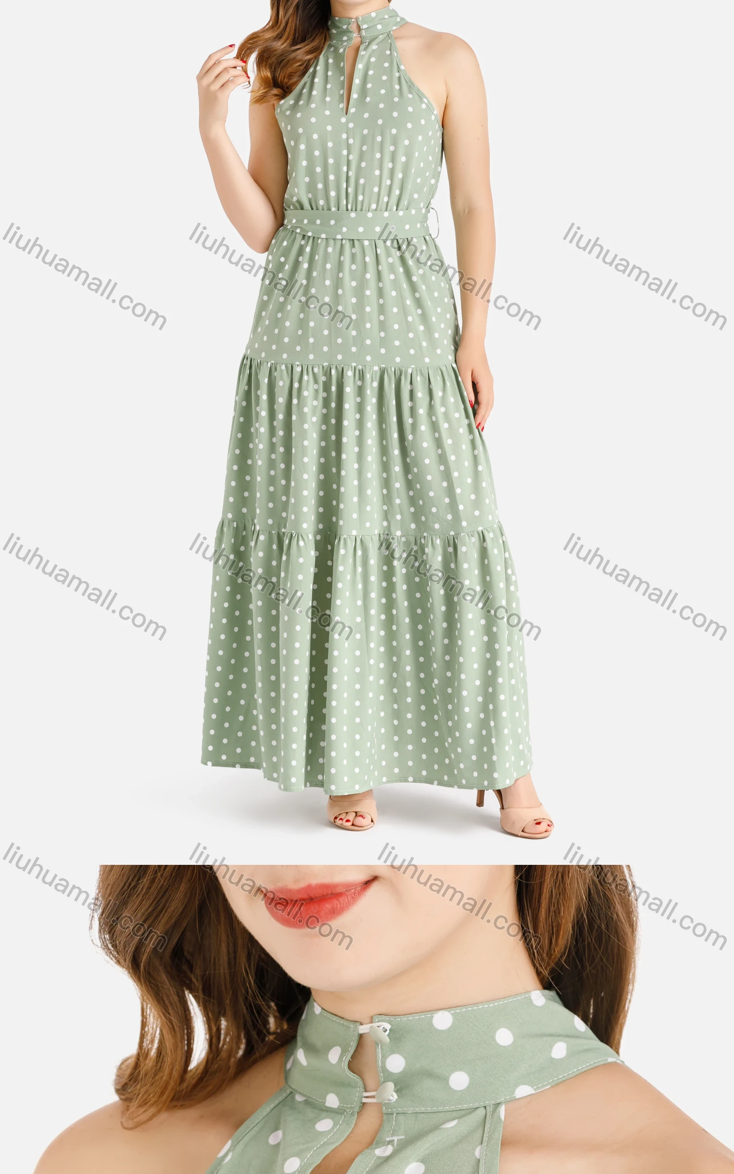 Wholesale Women's Casual Sleeveles Layered Ruffle Hem Polka Dot Print Maxi Halter Dress With Belt - Liuhuamall