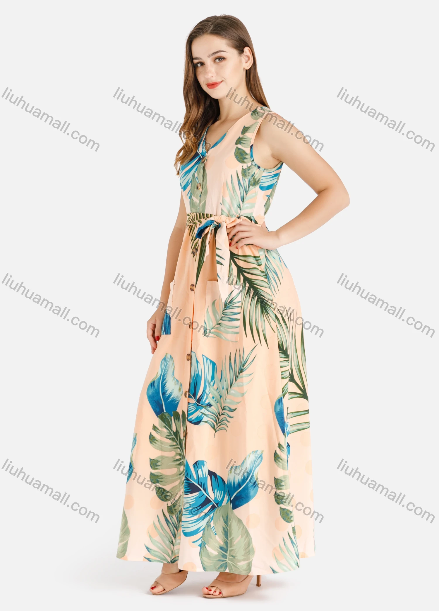 Wholesale Women's Casual V-Neck Sleeveless Buttons Down Tropical Print Maxi Tank Dress With Belt - Liuhuamall