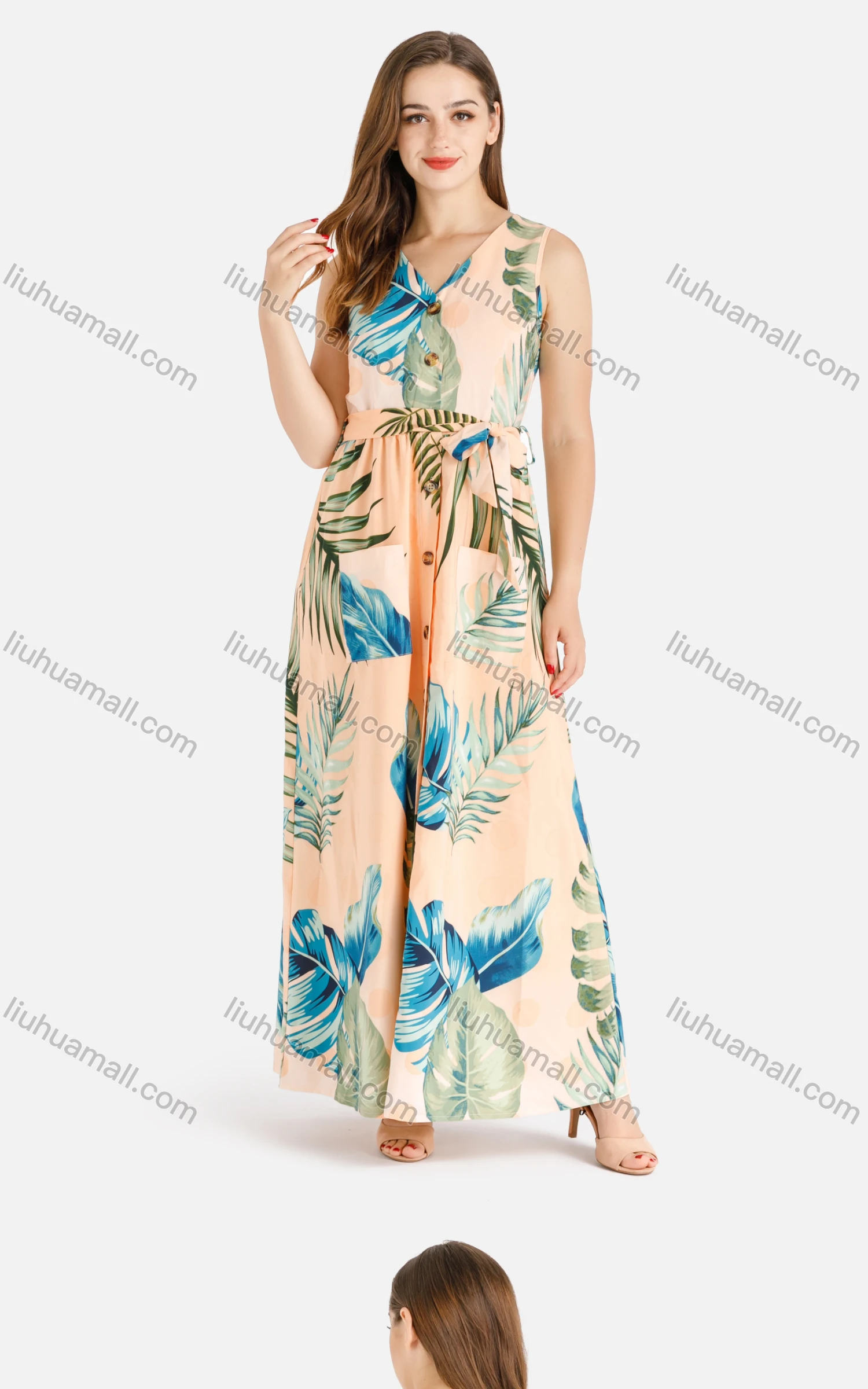 Wholesale Women's Casual V-Neck Sleeveless Buttons Down Tropical Print Maxi Tank Dress With Belt - Liuhuamall