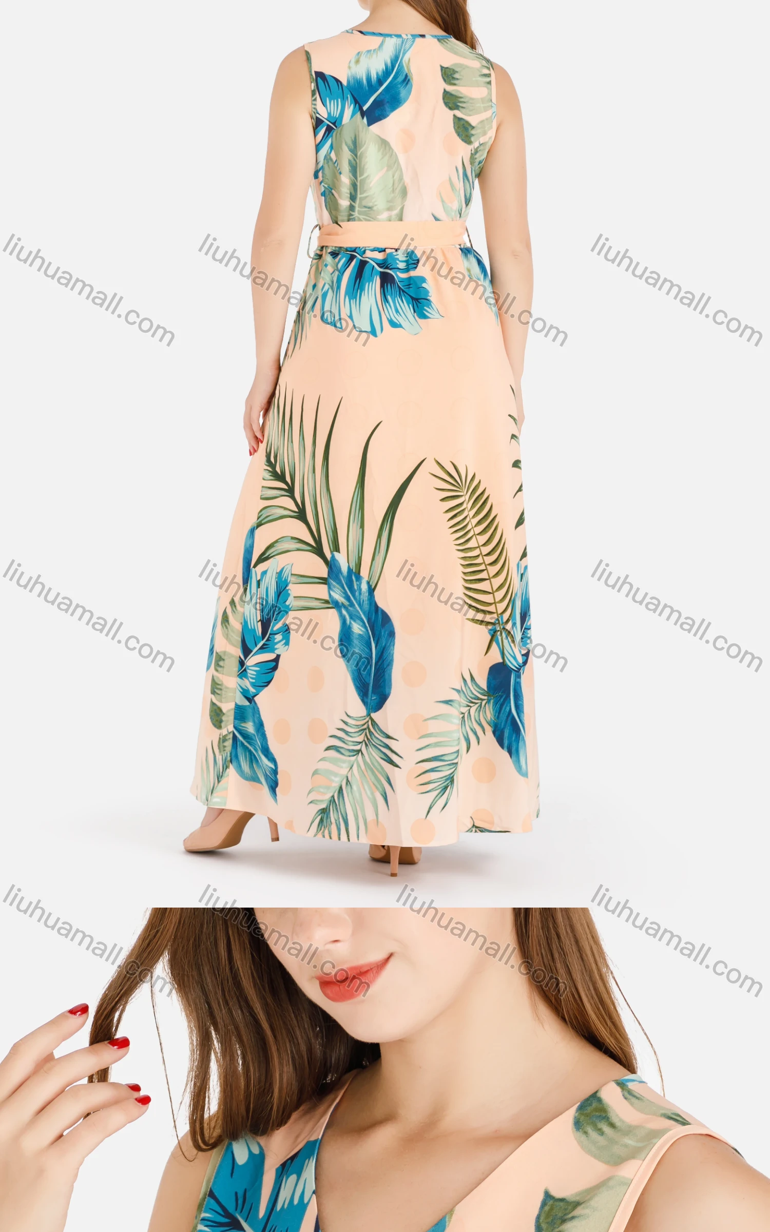 Wholesale Women's Casual V-Neck Sleeveless Buttons Down Tropical Print Maxi Tank Dress With Belt - Liuhuamall
