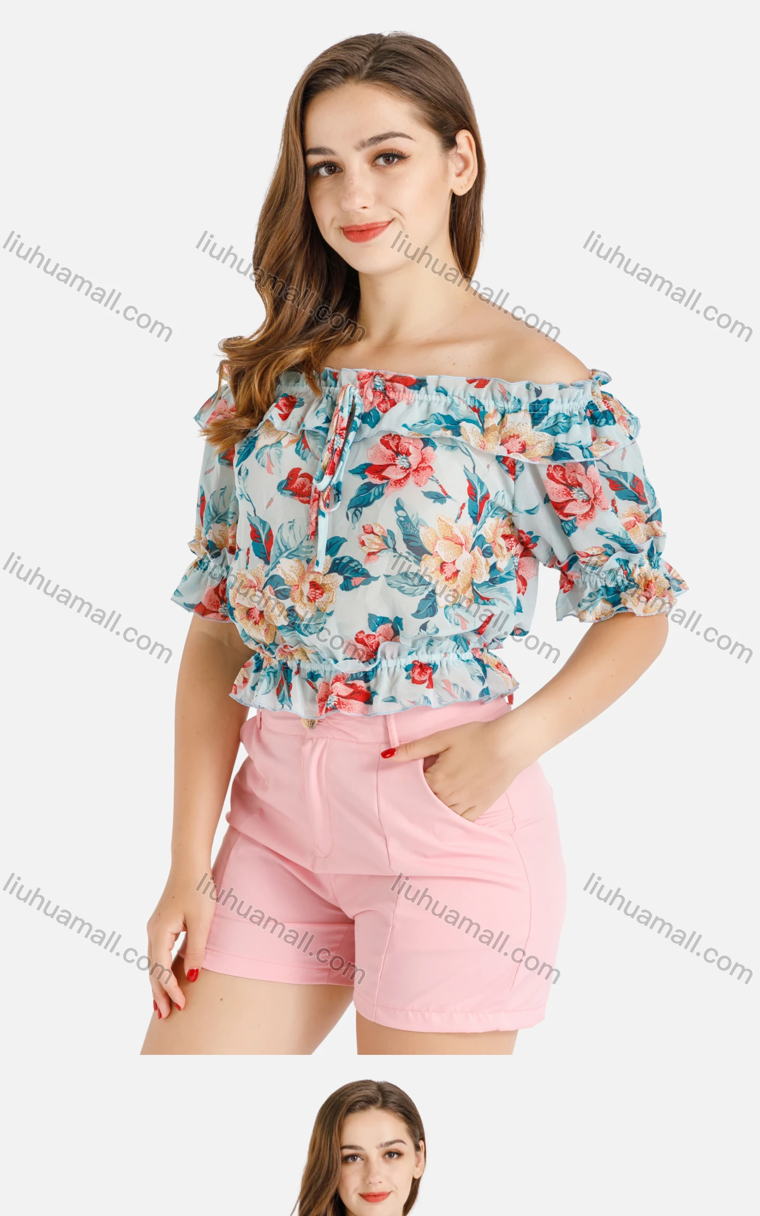 Wholesale Women's Summer Off Shoulder Ruffle Floral Print Crop Top - Liuhuamall