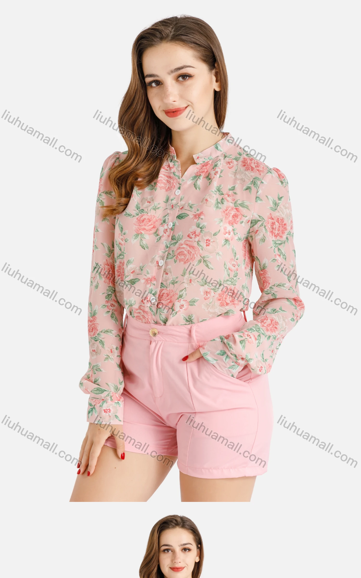 Wholesale Women's Fall Peony Print Button Extra-Long Sleeve Shirt - Liuhuamall