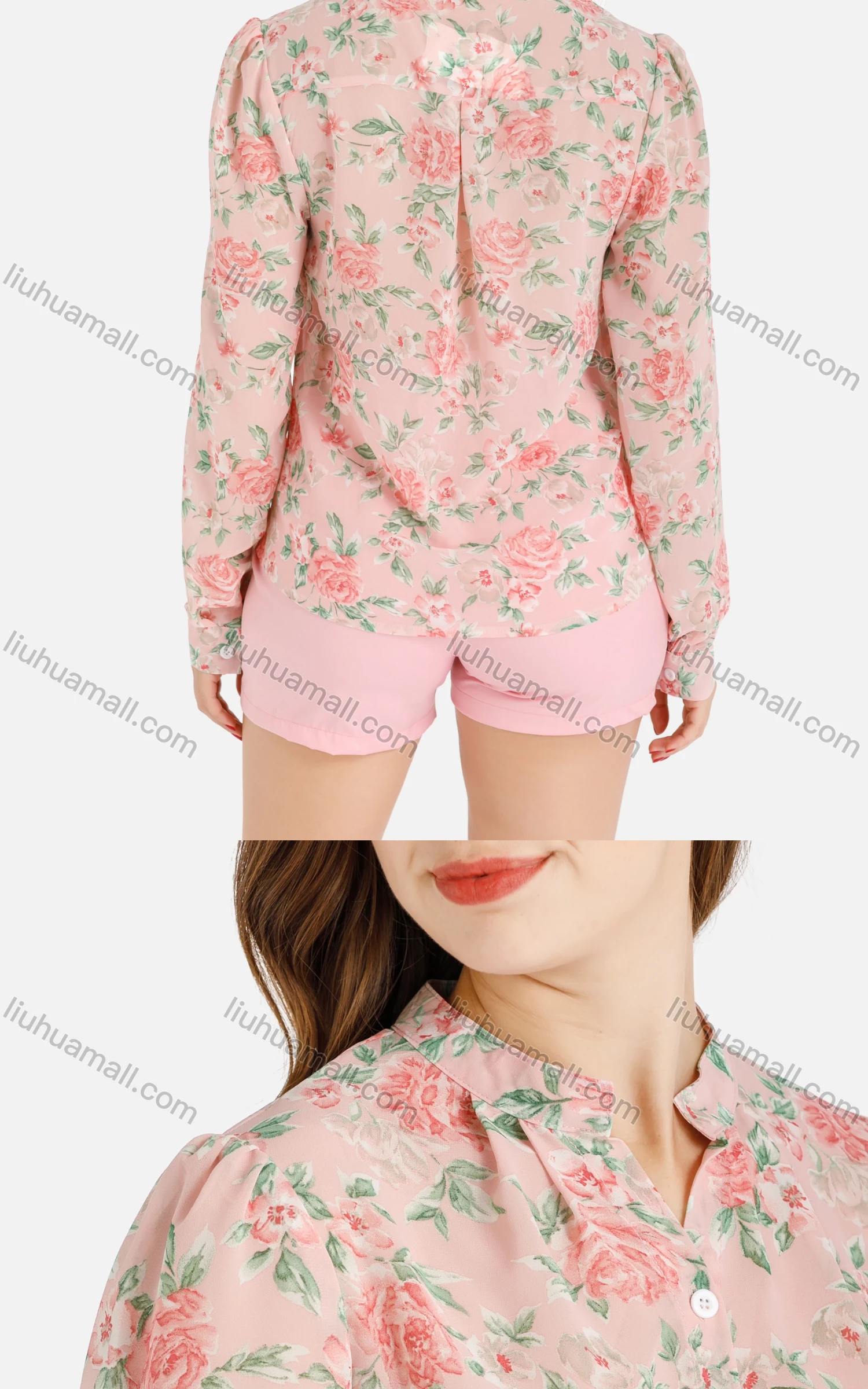 Wholesale Women's Fall Peony Print Button Extra-Long Sleeve Shirt - Liuhuamall