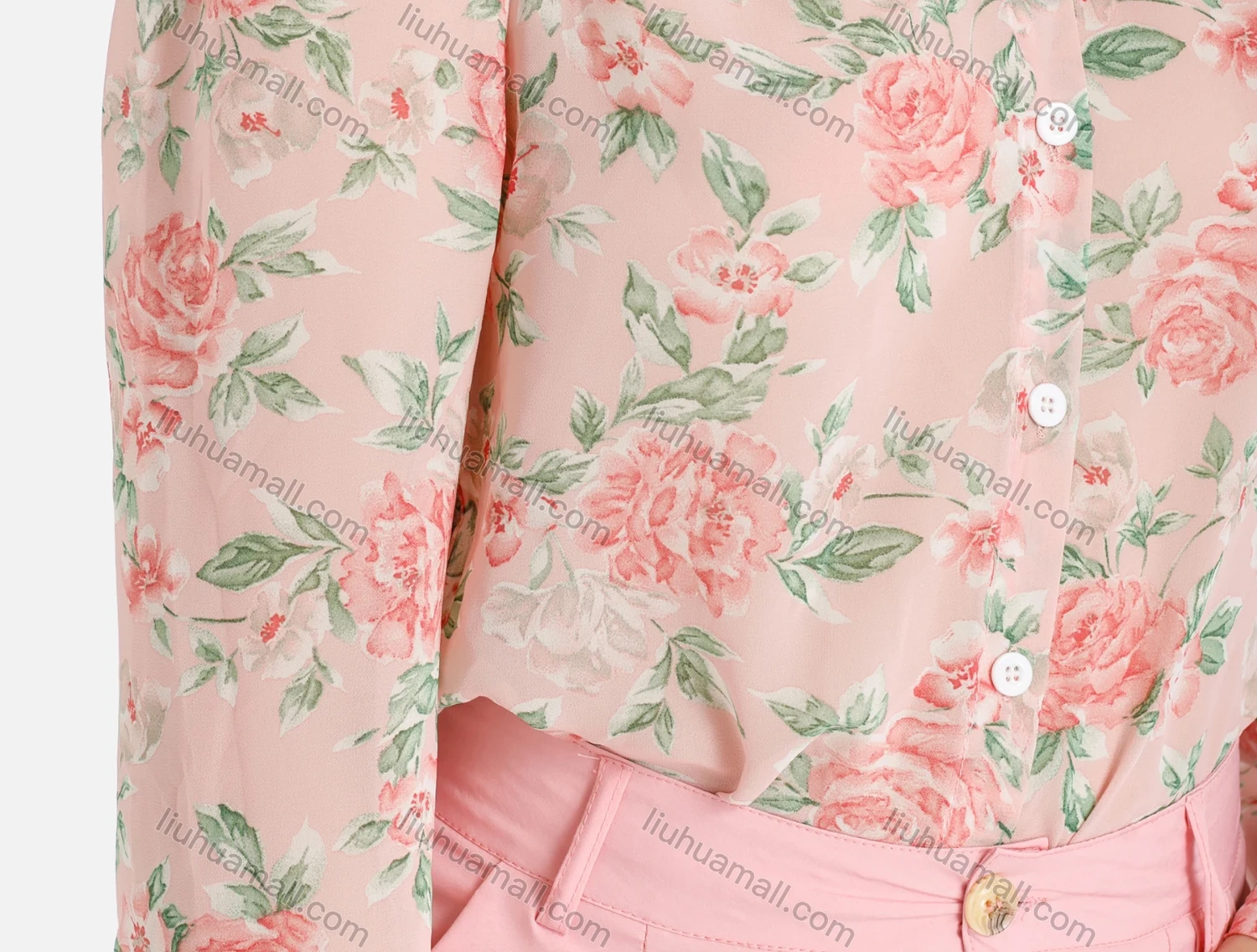 Wholesale Women's Fall Peony Print Button Extra-Long Sleeve Shirt - Liuhuamall