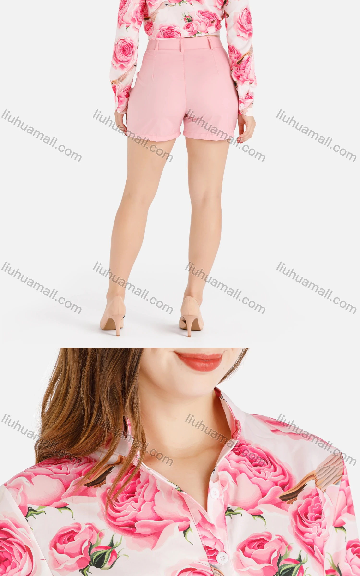 Wholesale Women's Fall Peony Print Button Front Knot Hem Crop Shirt - Liuhuamall