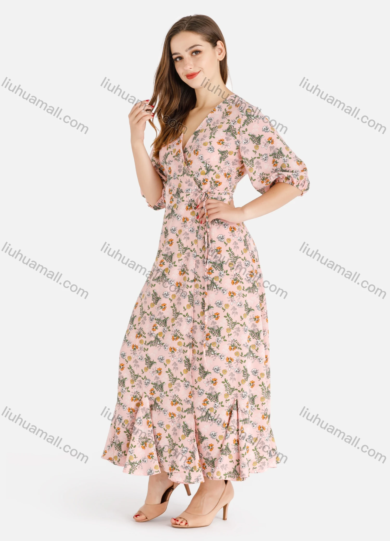 Wholesale Women's Casual Elegant Allover Floral Print Wrap V Neck Ruffle Hem Maxi Dress - Liuhuamall