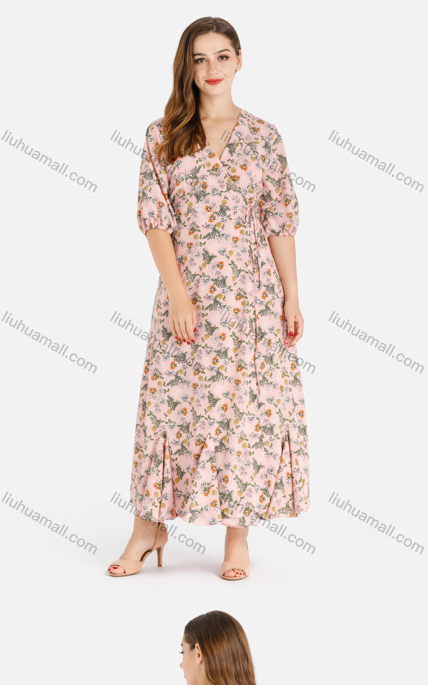 Wholesale Women's Casual Elegant Allover Floral Print Wrap V Neck Ruffle Hem Maxi Dress - Liuhuamall