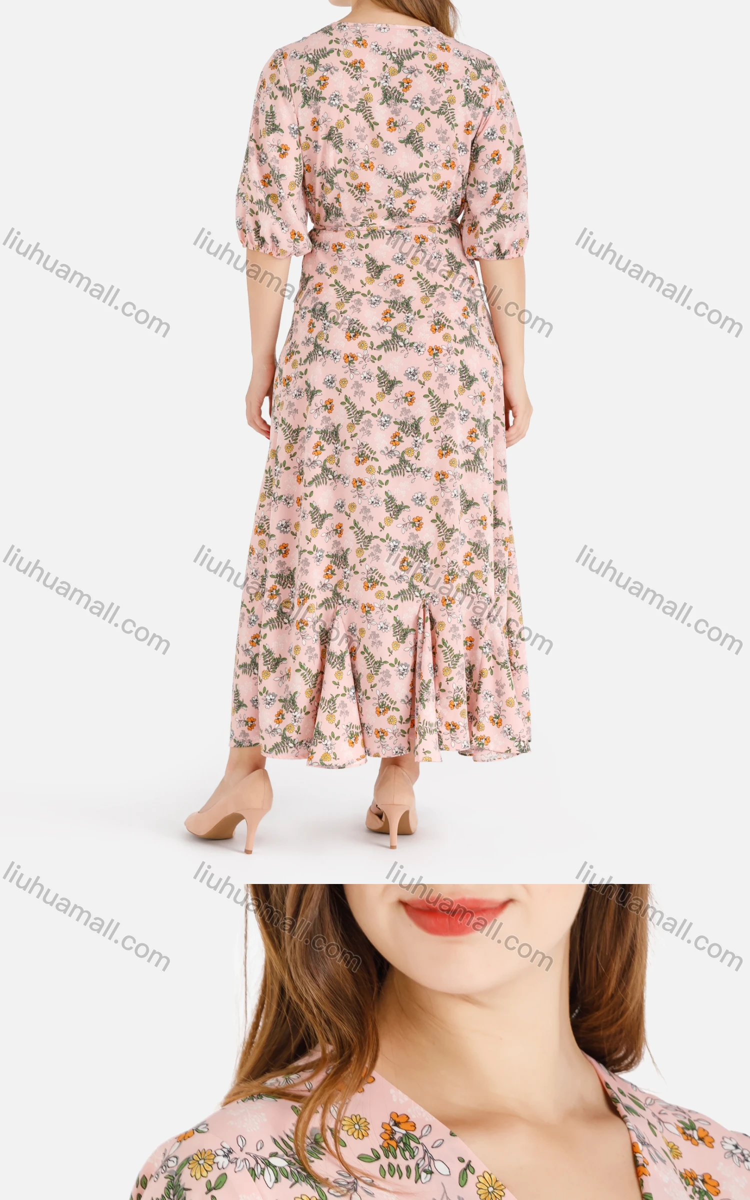 Wholesale Women's Casual Elegant Allover Floral Print Wrap V Neck Ruffle Hem Maxi Dress - Liuhuamall