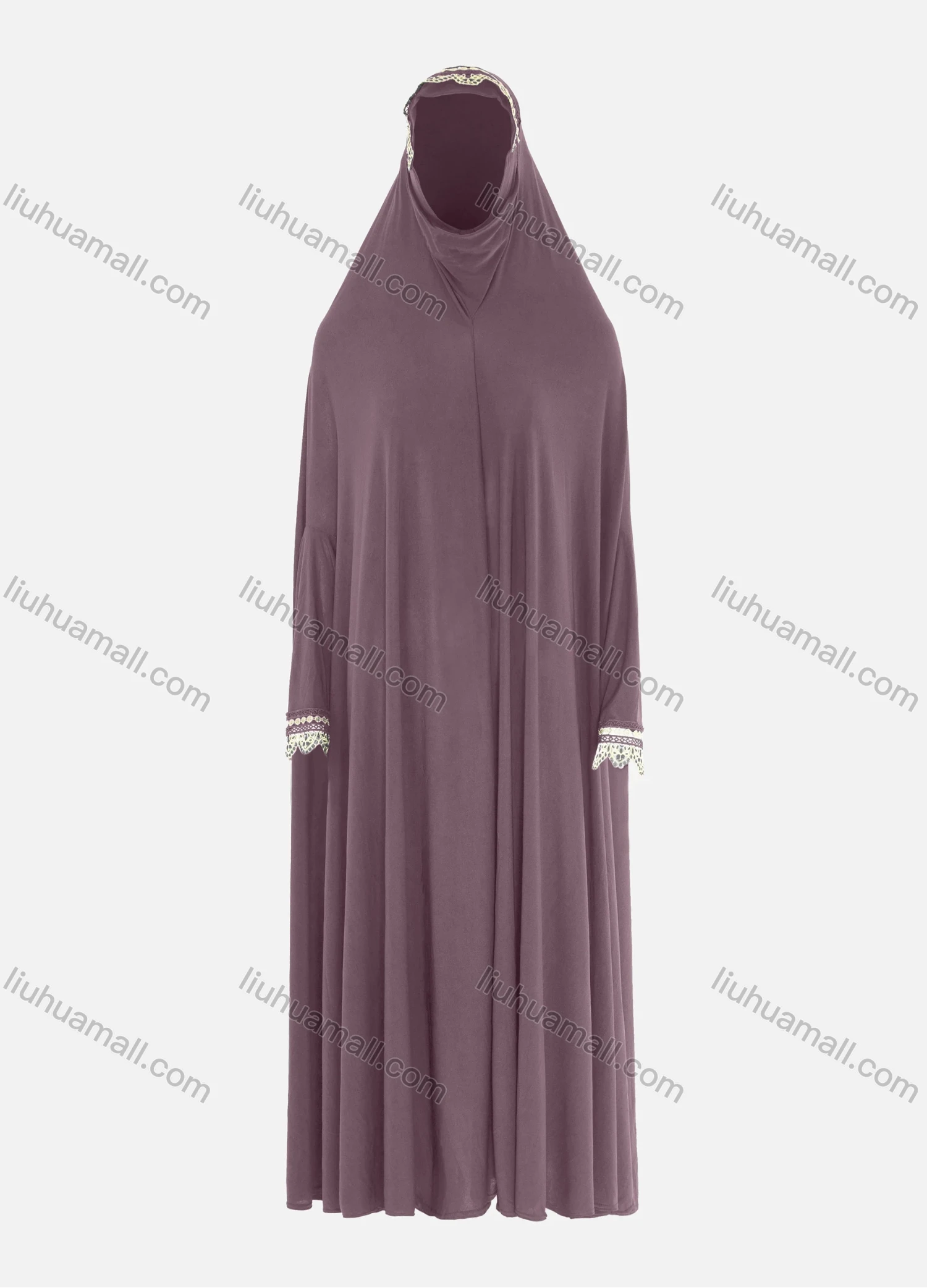 Wholesale Women's Islamic Modest Prayer Guipure Lace Trim Maxi Abaya Dress With Hijab 2 Pieces Set - Liuhuamall