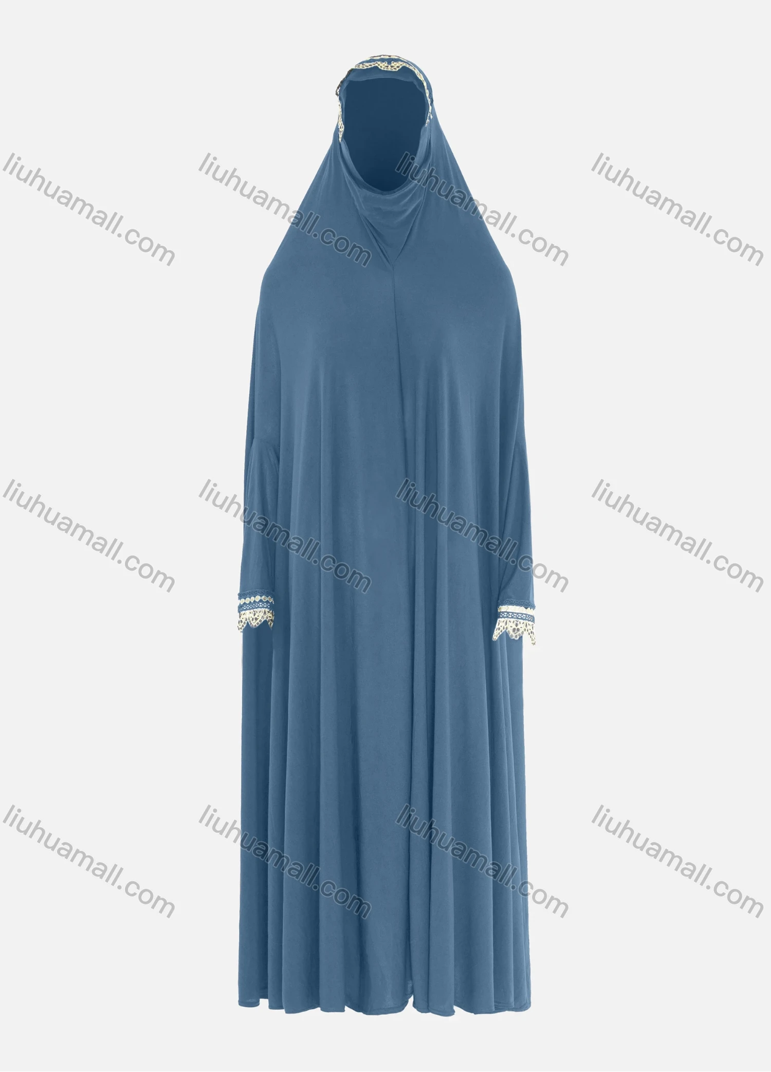 Wholesale Women's Islamic Modest Prayer Guipure Lace Trim Maxi Abaya Dress With Hijab 2 Pieces Set - Liuhuamall