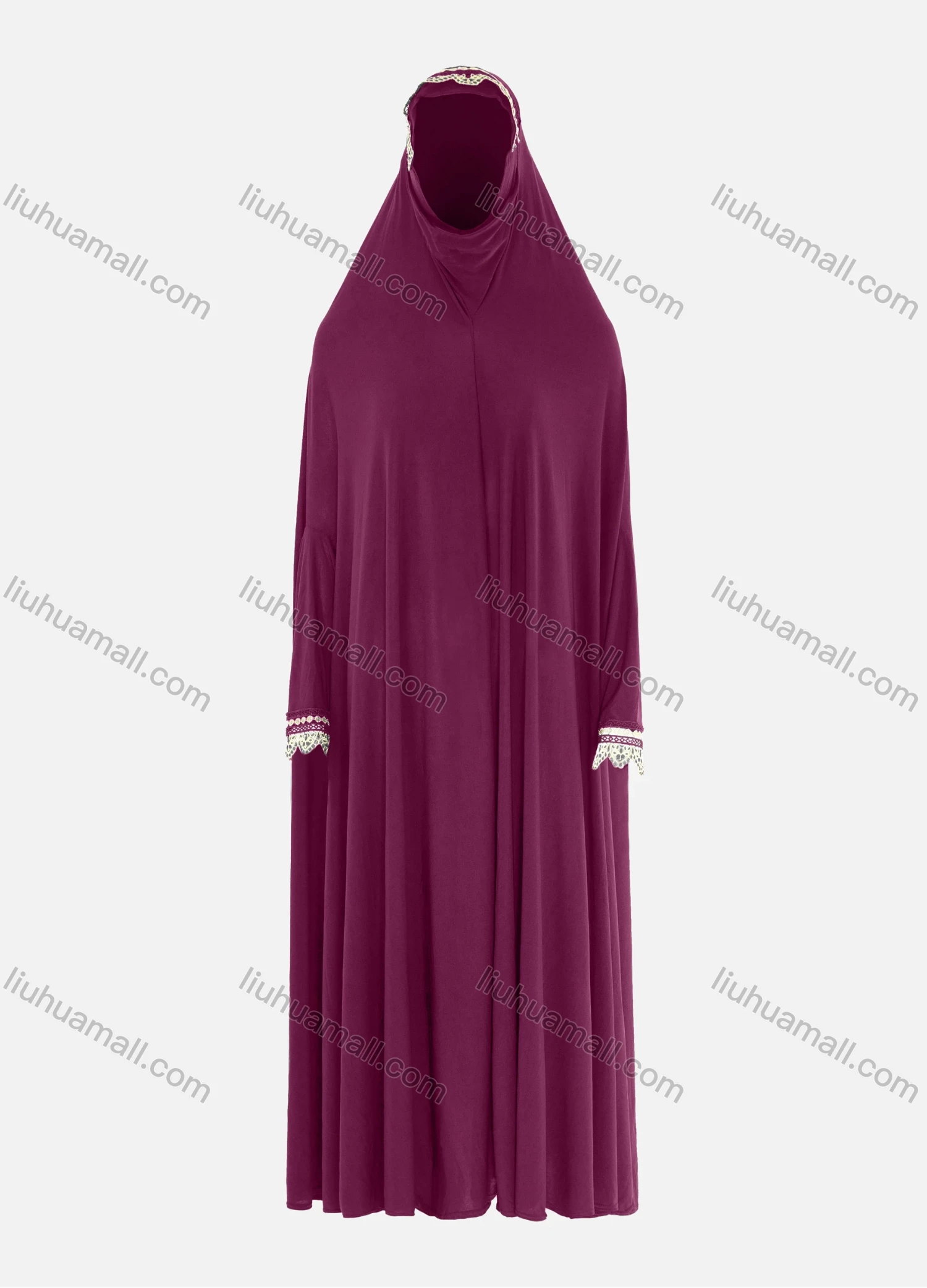 Wholesale Women's Islamic Modest Prayer Guipure Lace Trim Maxi Abaya Dress With Hijab 2 Pieces Set - Liuhuamall