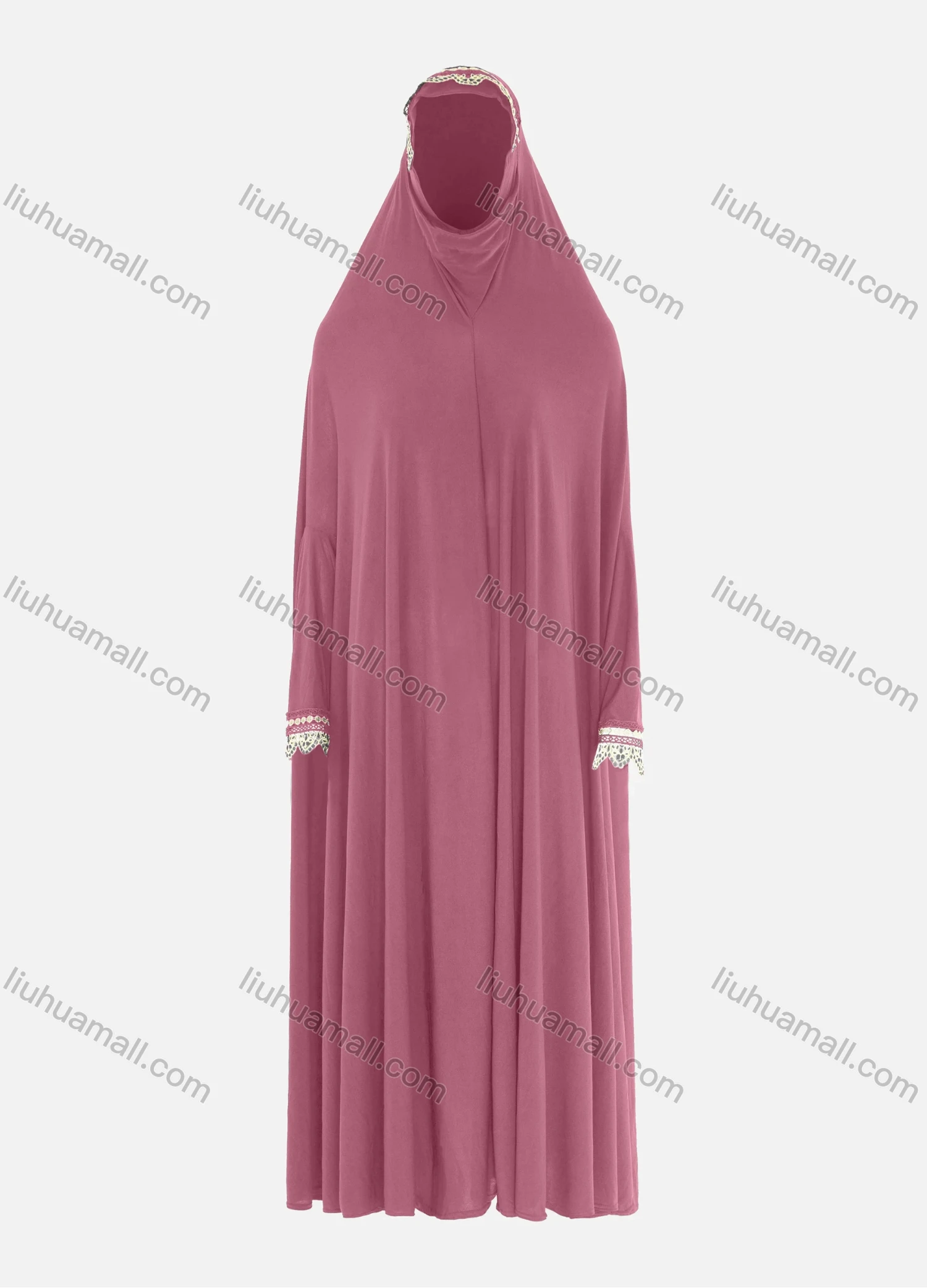 Wholesale Women's Islamic Modest Prayer Guipure Lace Trim Maxi Abaya Dress With Hijab 2 Pieces Set - Liuhuamall