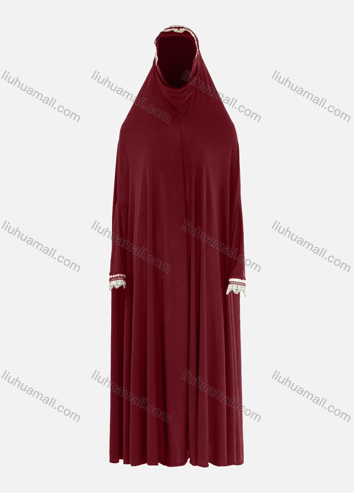 Wholesale Women's Islamic Modest Prayer Guipure Lace Trim Maxi Abaya Dress With Hijab 2 Pieces Set - Liuhuamall