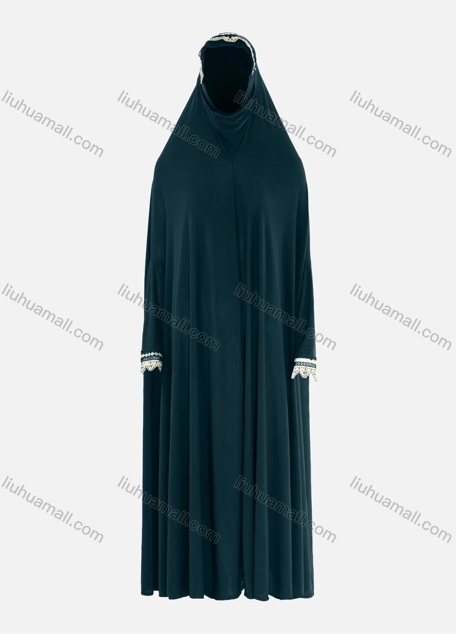 Wholesale Women's Islamic Modest Prayer Guipure Lace Trim Maxi Abaya Dress With Hijab 2 Pieces Set - Liuhuamall