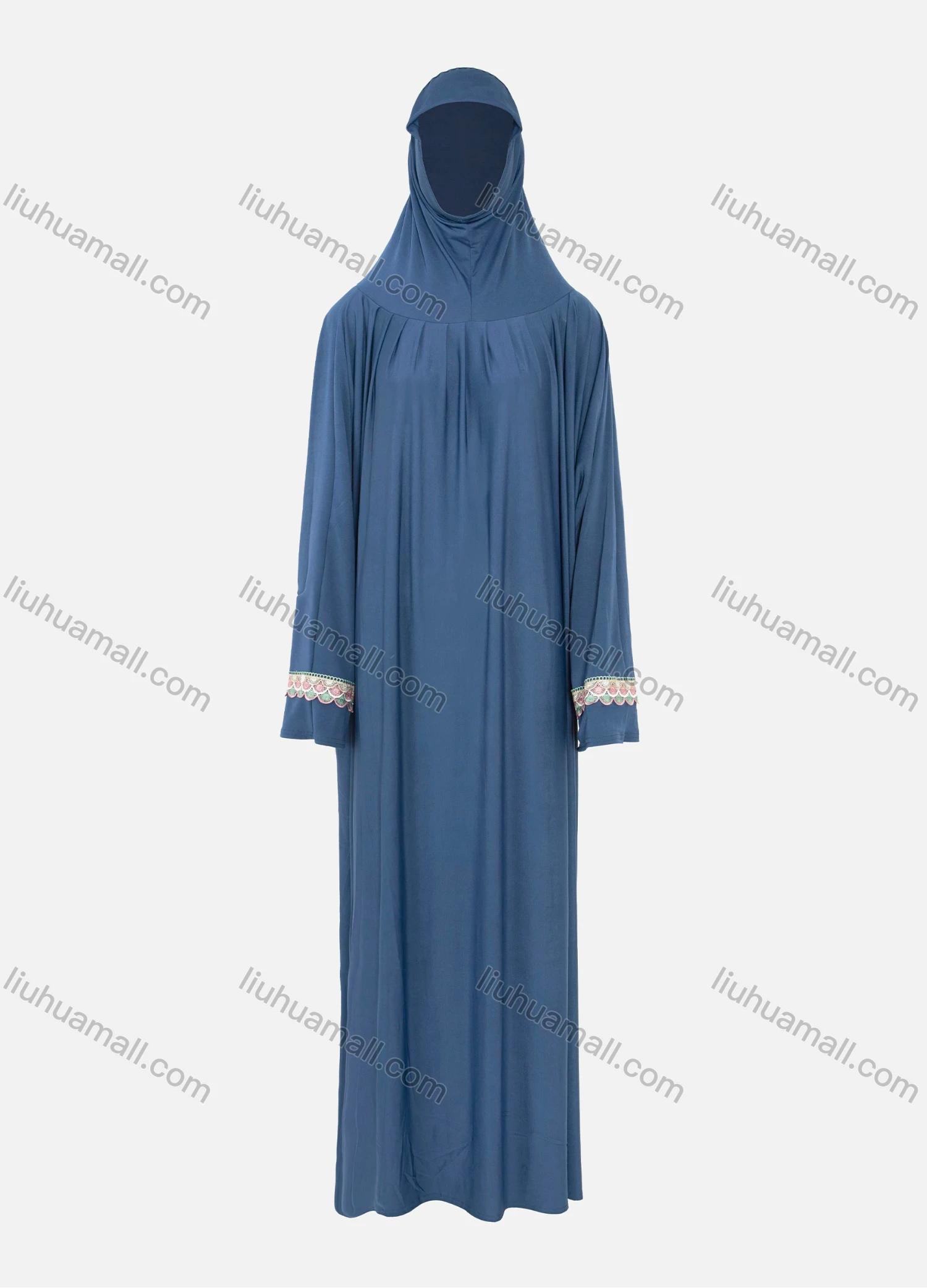 Wholesale Women's Islamic Modest Prayer Guipure Lace Trim Maxi Abaya Dress With Hijab 2 Pieces Set - Liuhuamall