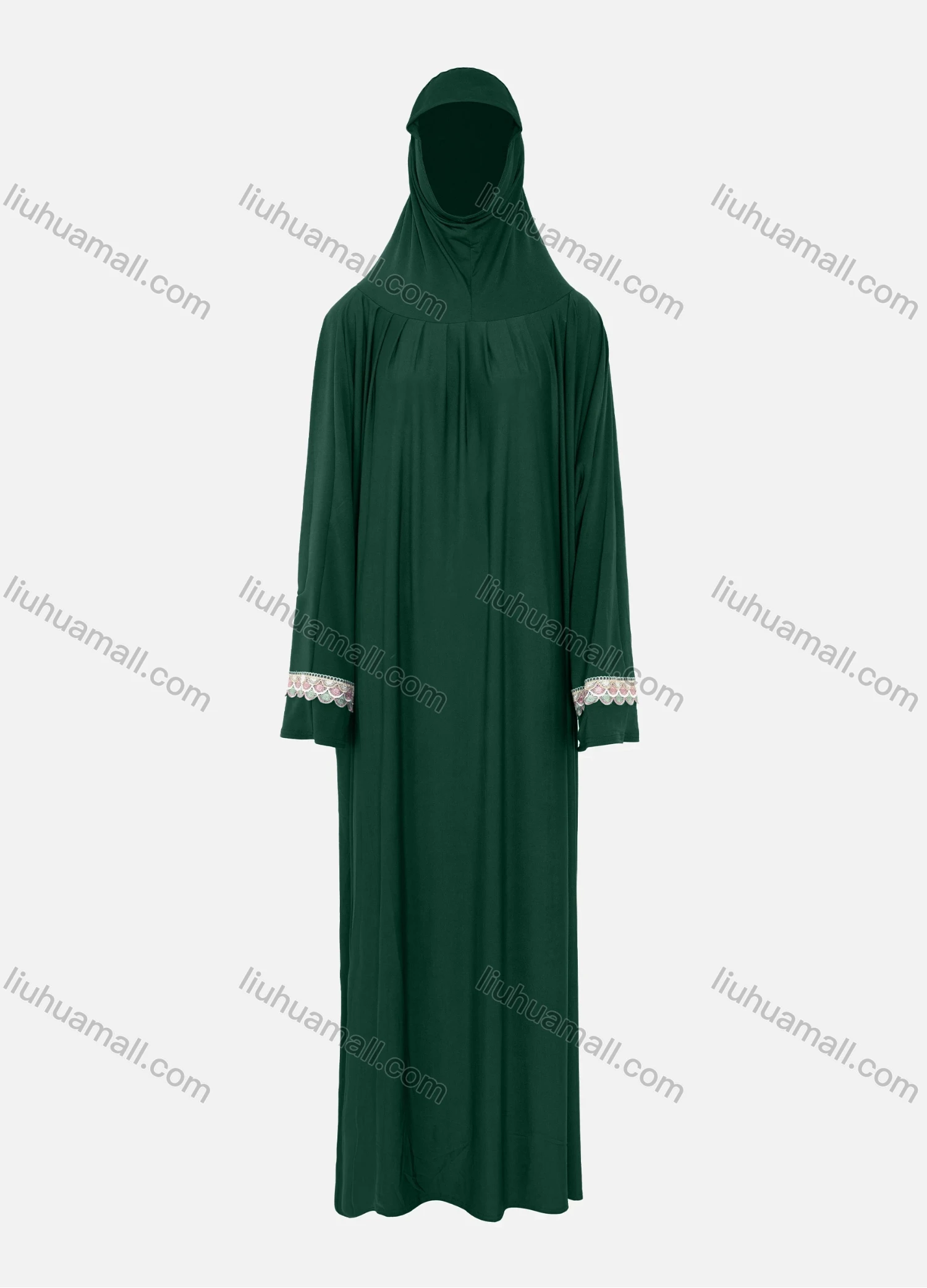 Wholesale Women's Islamic Modest Prayer Guipure Lace Trim Maxi Abaya Dress With Hijab 2 Pieces Set - Liuhuamall