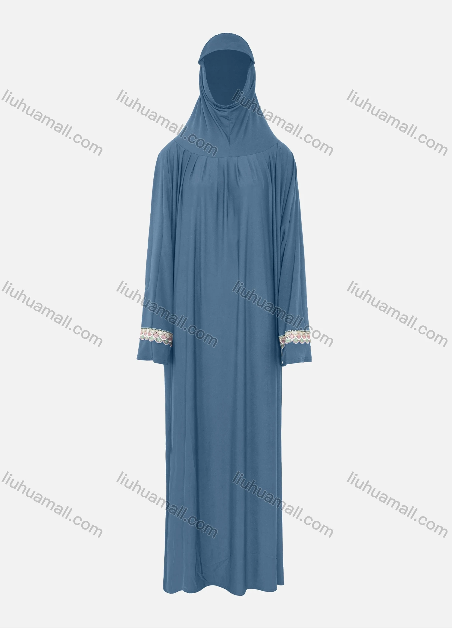 Wholesale Women's Islamic Modest Prayer Guipure Lace Trim Maxi Abaya Dress With Hijab 2 Pieces Set - Liuhuamall