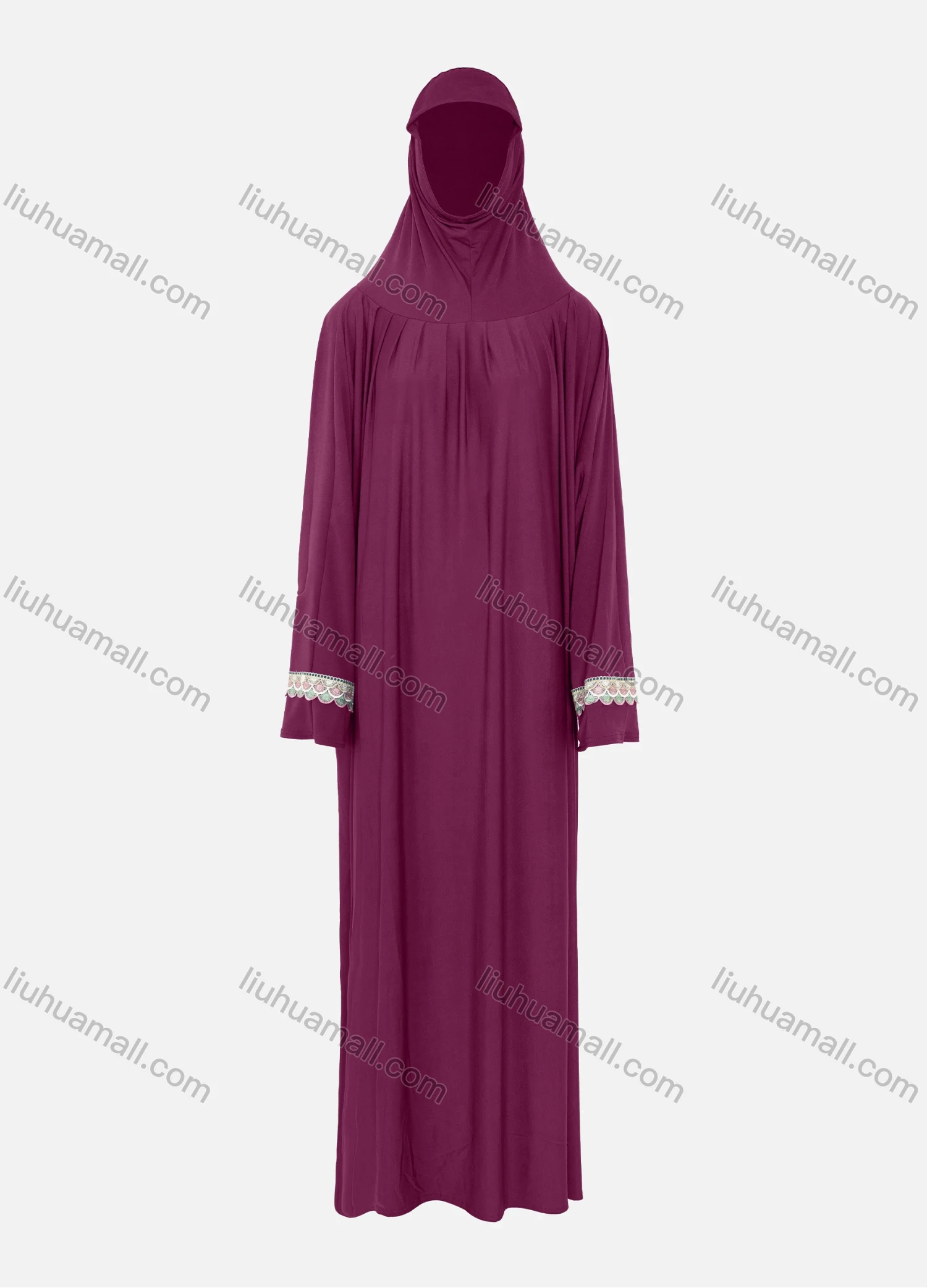 Wholesale Women's Islamic Modest Prayer Guipure Lace Trim Maxi Abaya Dress With Hijab 2 Pieces Set - Liuhuamall