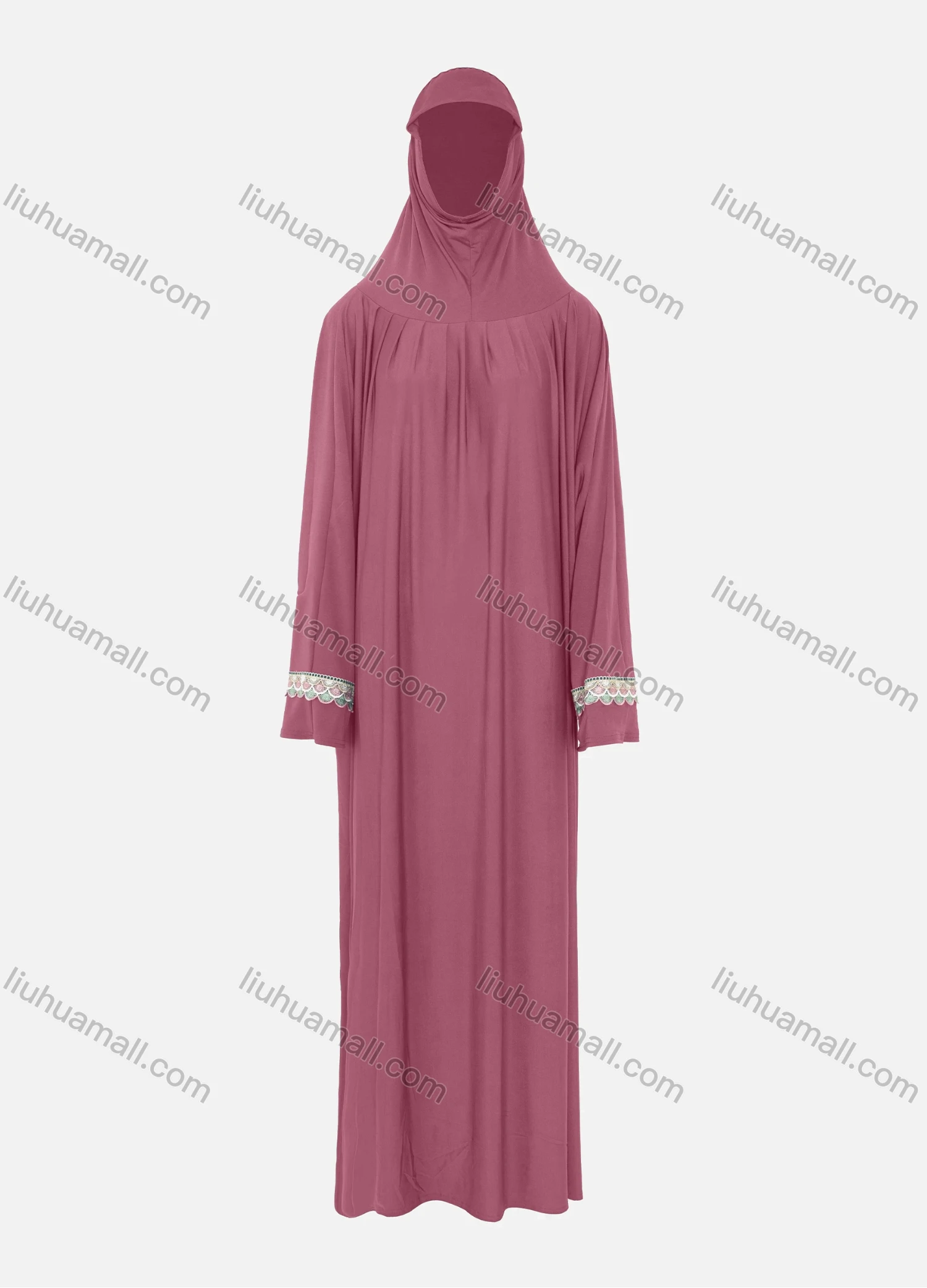 Wholesale Women's Islamic Modest Prayer Guipure Lace Trim Maxi Abaya Dress With Hijab 2 Pieces Set - Liuhuamall