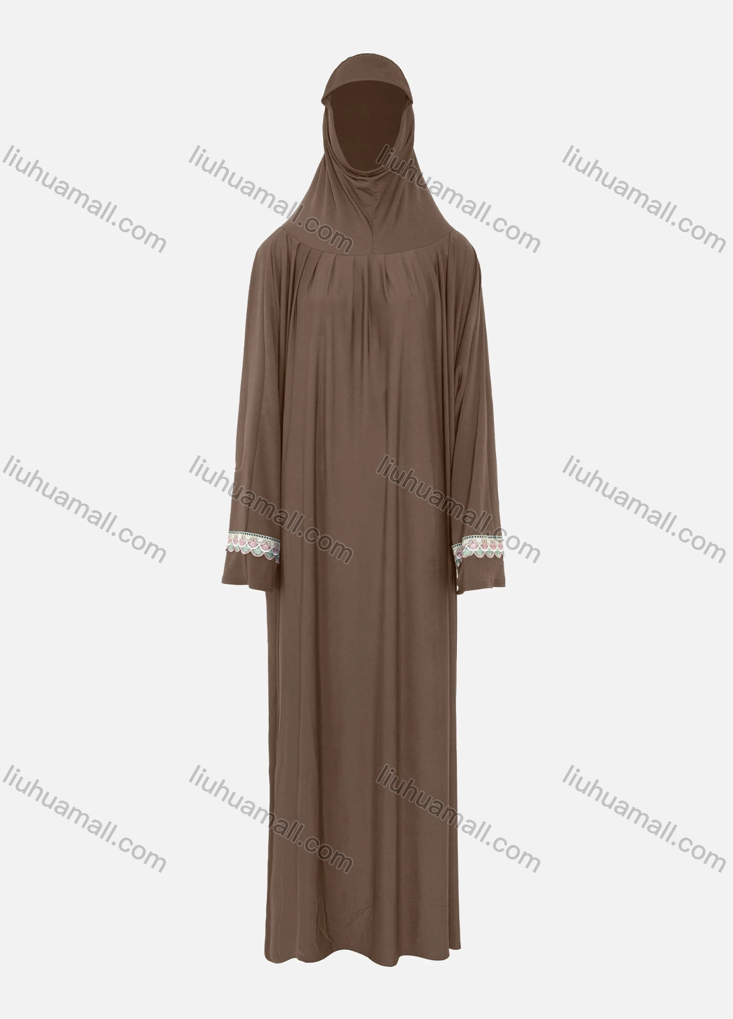 Wholesale Women's Islamic Modest Prayer Guipure Lace Trim Maxi Abaya Dress With Hijab 2 Pieces Set - Liuhuamall