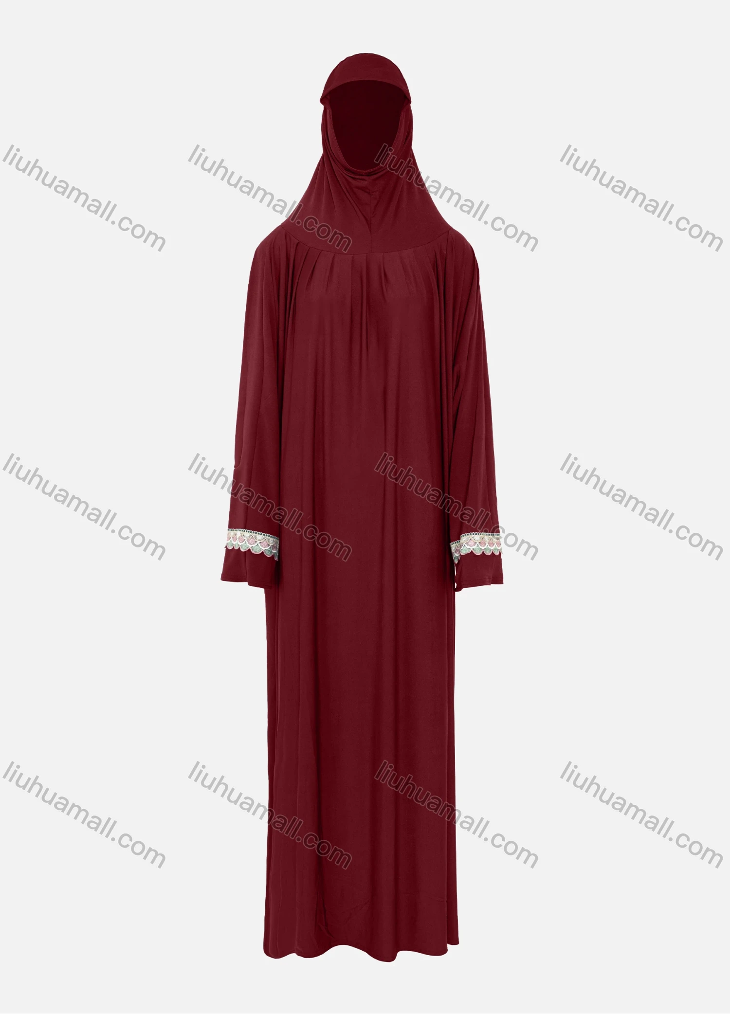 Wholesale Women's Islamic Modest Prayer Guipure Lace Trim Maxi Abaya Dress With Hijab 2 Pieces Set - Liuhuamall