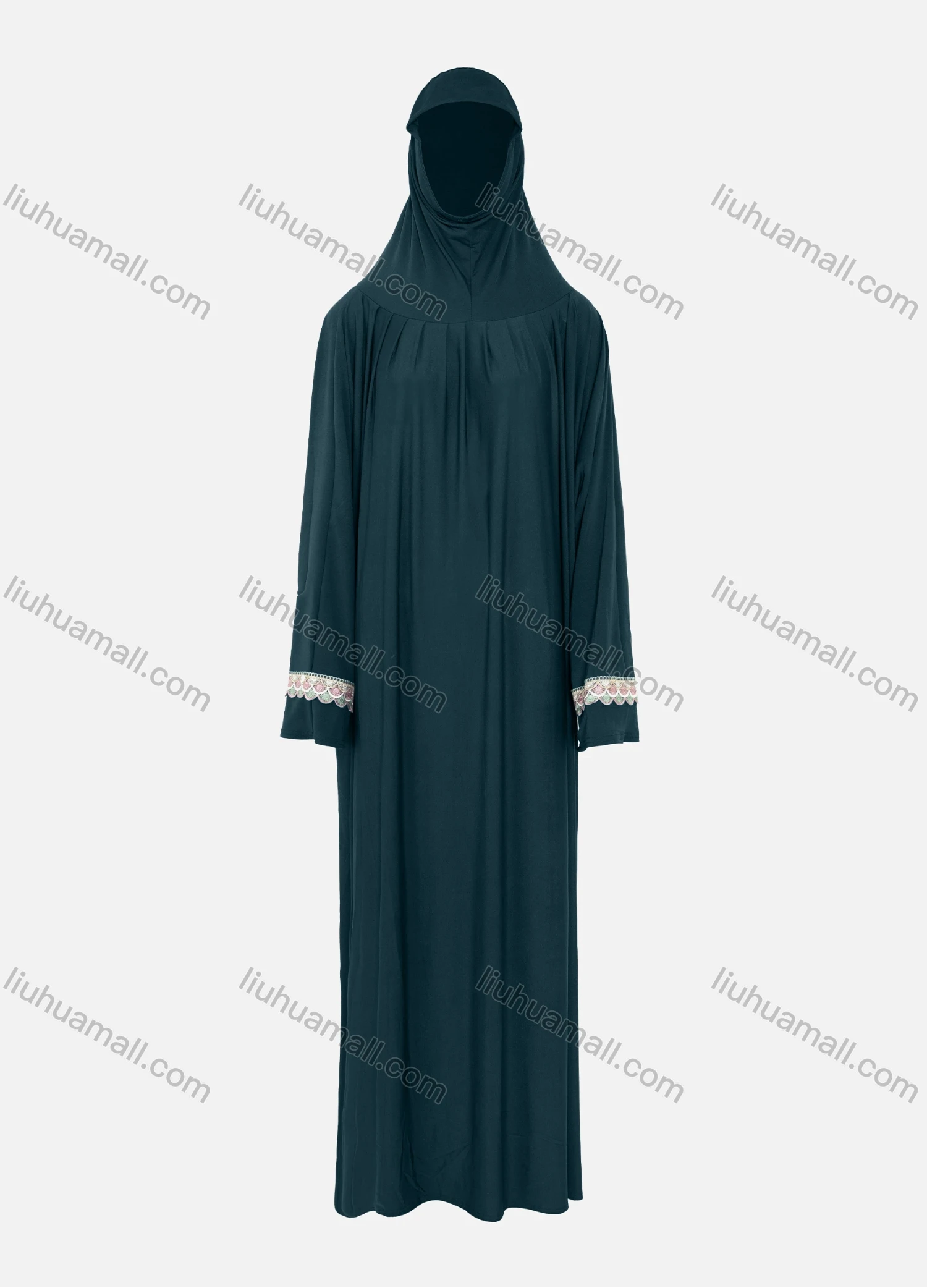 Wholesale Women's Islamic Modest Prayer Guipure Lace Trim Maxi Abaya Dress With Hijab 2 Pieces Set - Liuhuamall