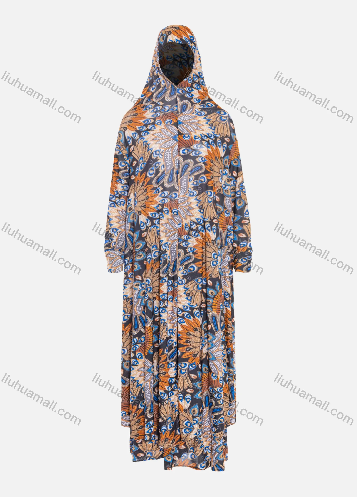 Wholesale Women's Islamic Modest Prayer Vintage Feather Print Maxi Abaya Dress With Hijab 2 Pieces Set - Liuhuamall