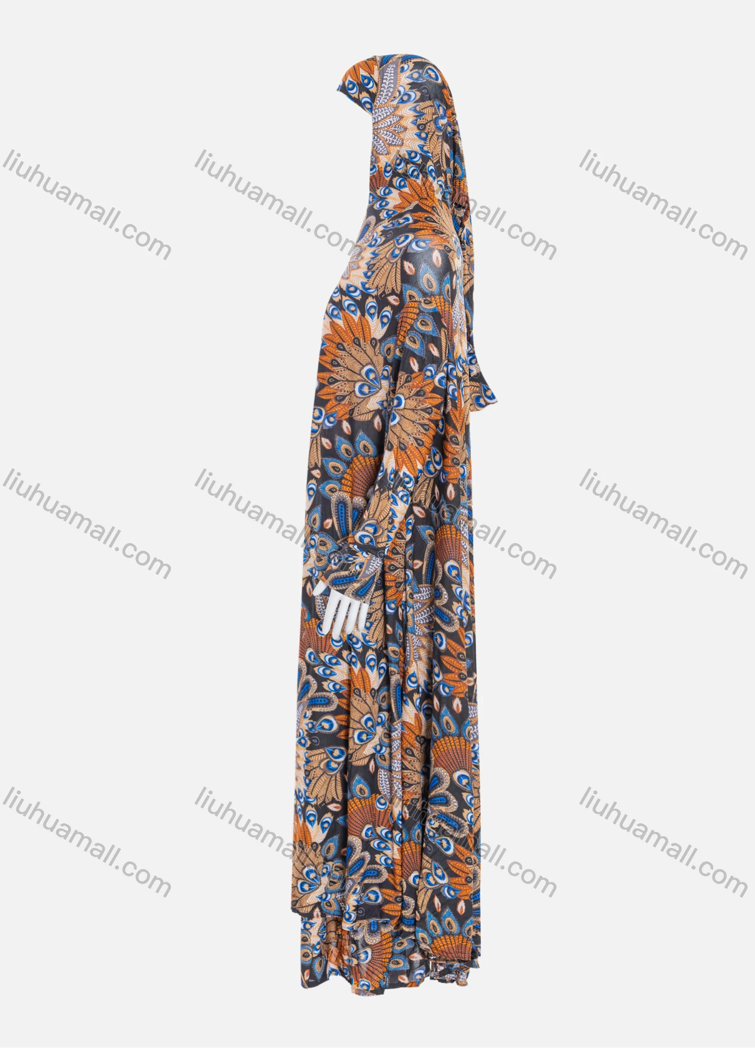 Wholesale Women's Islamic Modest Prayer Vintage Feather Print Maxi Abaya Dress With Hijab 2 Pieces Set - Liuhuamall