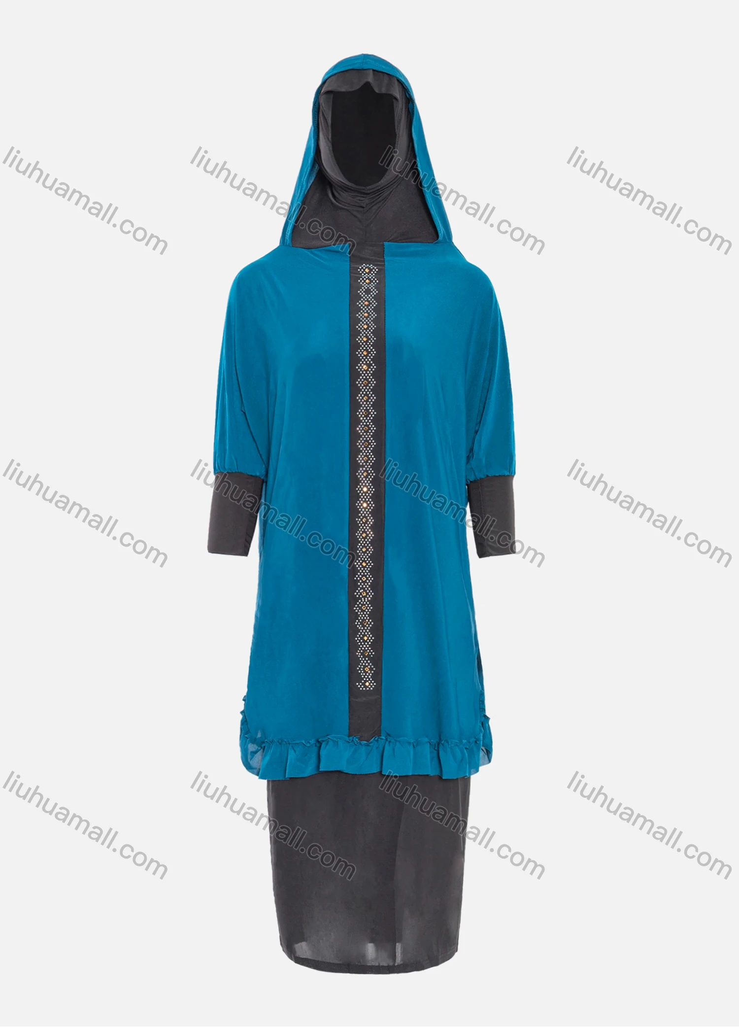 Wholesale Women's Muslim Islamic Modest Prayer Half Sleeve Rhinestone Knee Length Abaya Dress With Hijab 2 Pieces Set - Liuhuamall