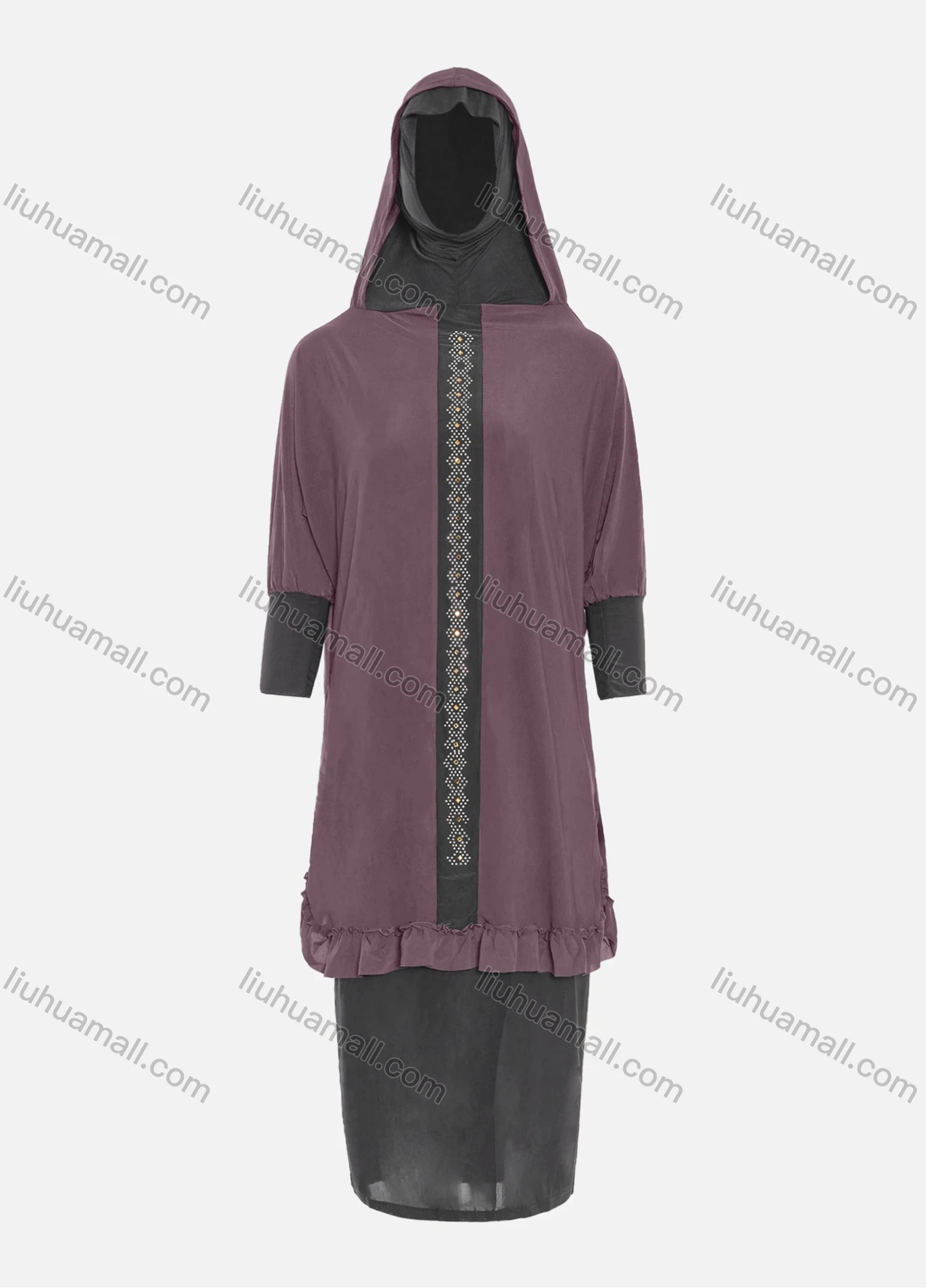 Wholesale Women's Muslim Islamic Modest Prayer Half Sleeve Rhinestone Knee Length Abaya Dress With Hijab 2 Pieces Set - Liuhuamall