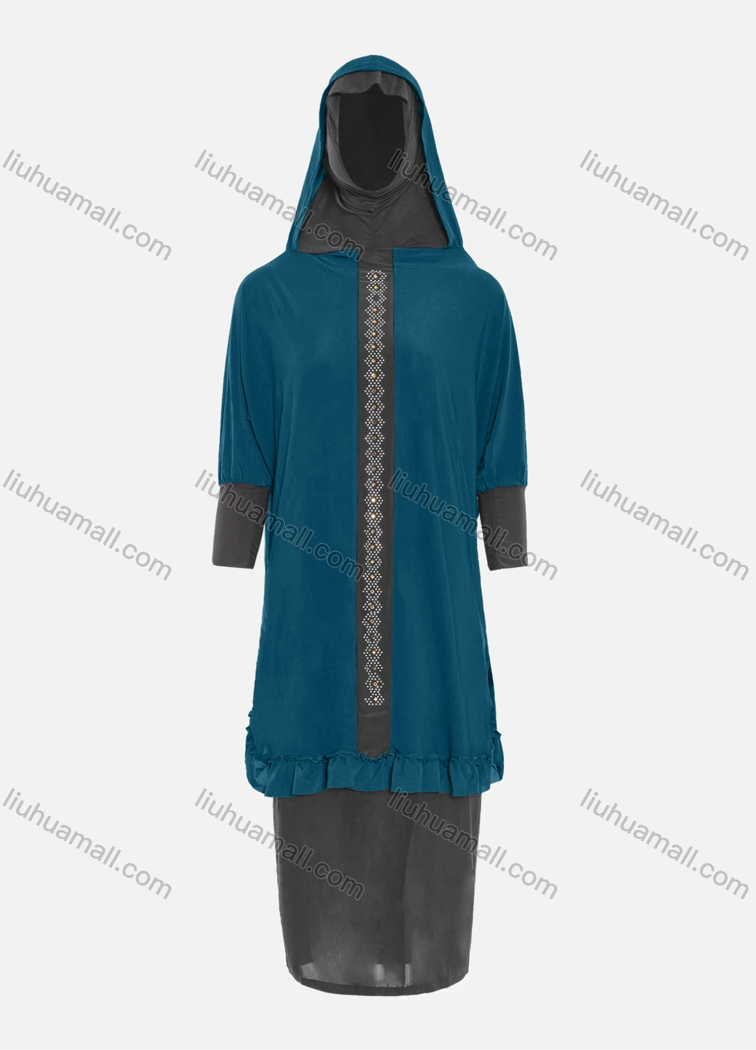 Wholesale Women's Muslim Islamic Modest Prayer Half Sleeve Rhinestone Knee Length Abaya Dress With Hijab 2 Pieces Set - Liuhuamall