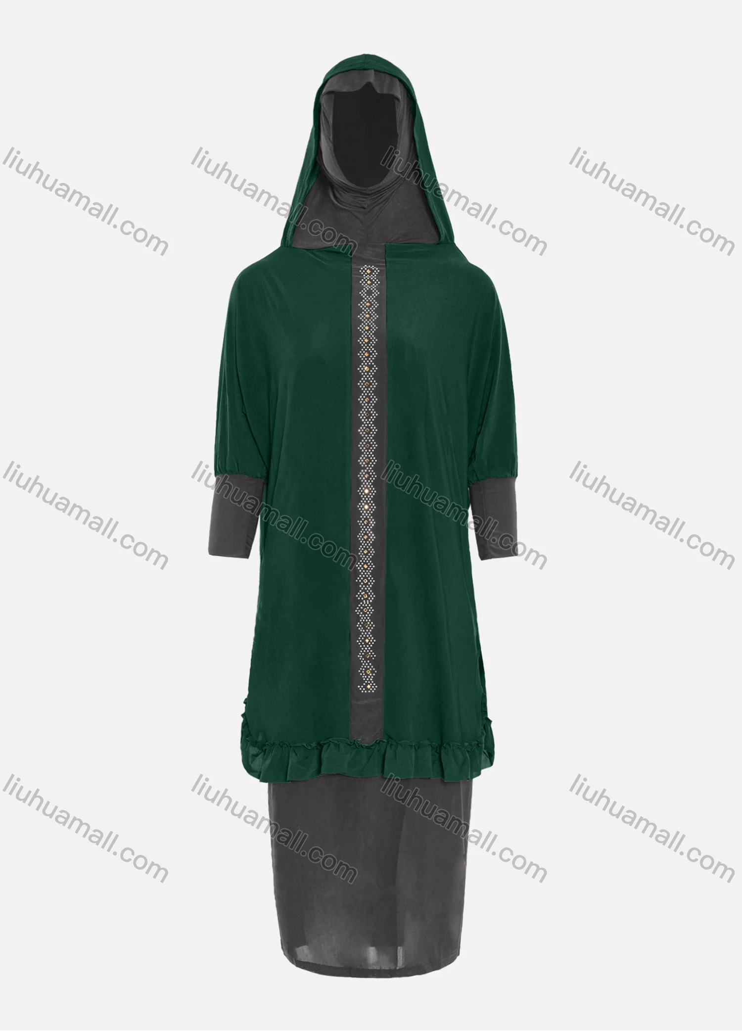 Wholesale Women's Muslim Islamic Modest Prayer Half Sleeve Rhinestone Knee Length Abaya Dress With Hijab 2 Pieces Set - Liuhuamall