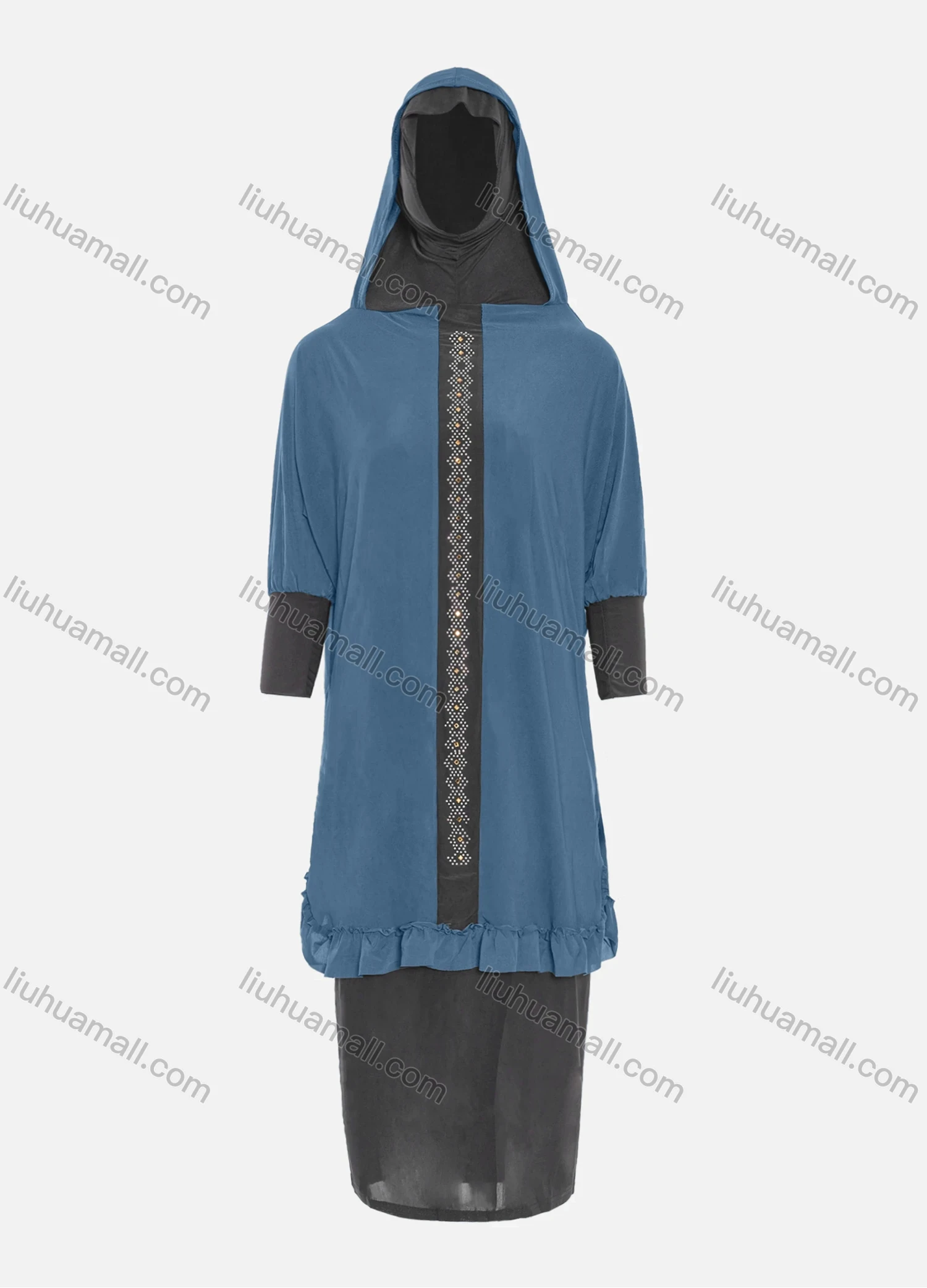 Wholesale Women's Muslim Islamic Modest Prayer Half Sleeve Rhinestone Knee Length Abaya Dress With Hijab 2 Pieces Set - Liuhuamall