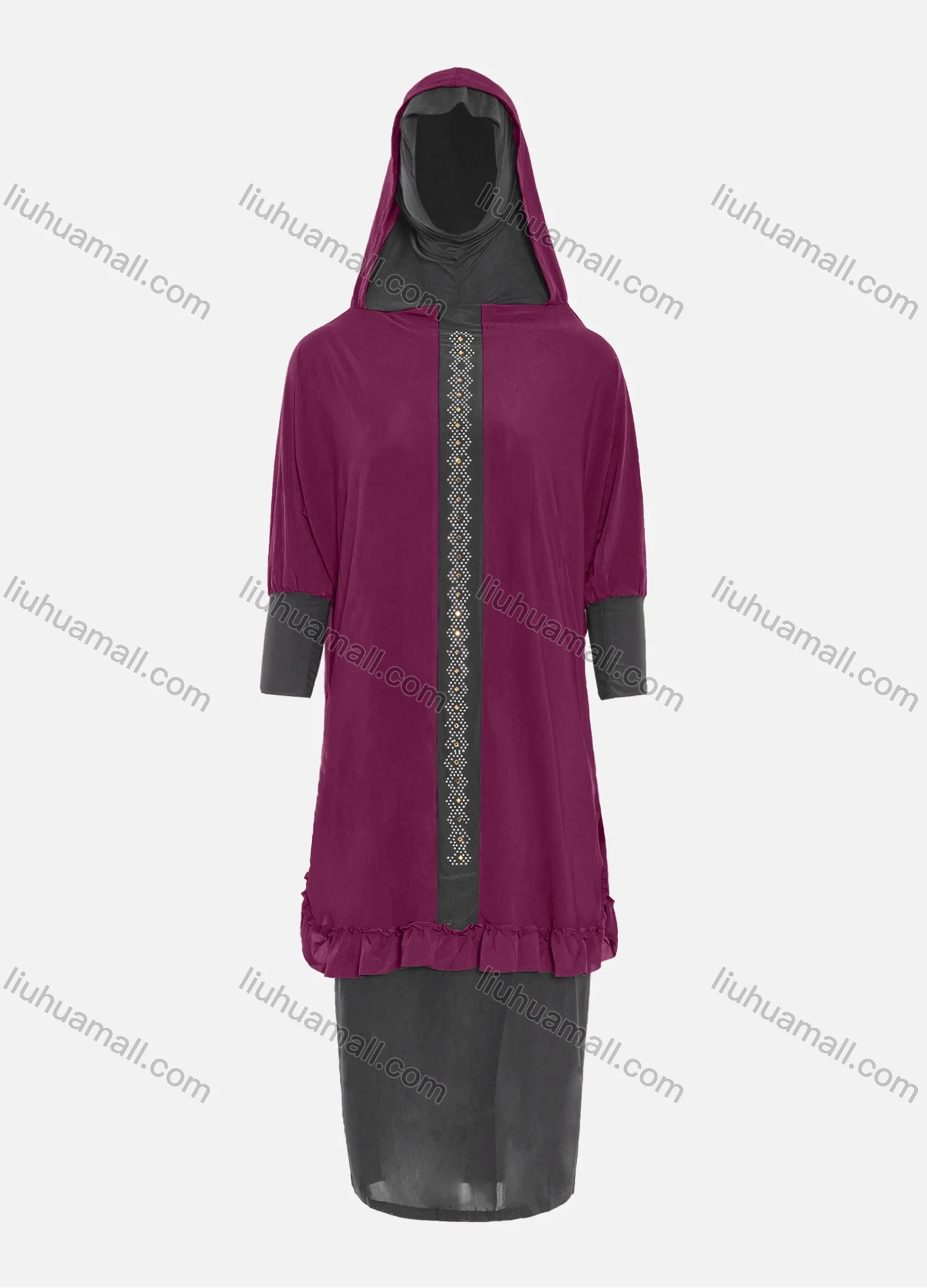 Wholesale Women's Muslim Islamic Modest Prayer Half Sleeve Rhinestone Knee Length Abaya Dress With Hijab 2 Pieces Set - Liuhuamall