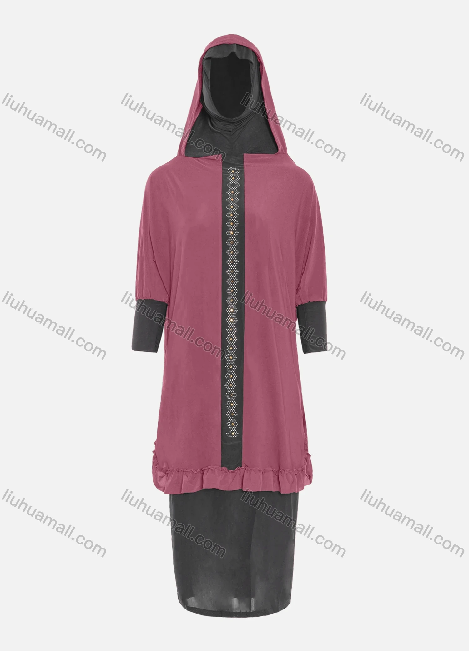 Wholesale Women's Muslim Islamic Modest Prayer Half Sleeve Rhinestone Knee Length Abaya Dress With Hijab 2 Pieces Set - Liuhuamall