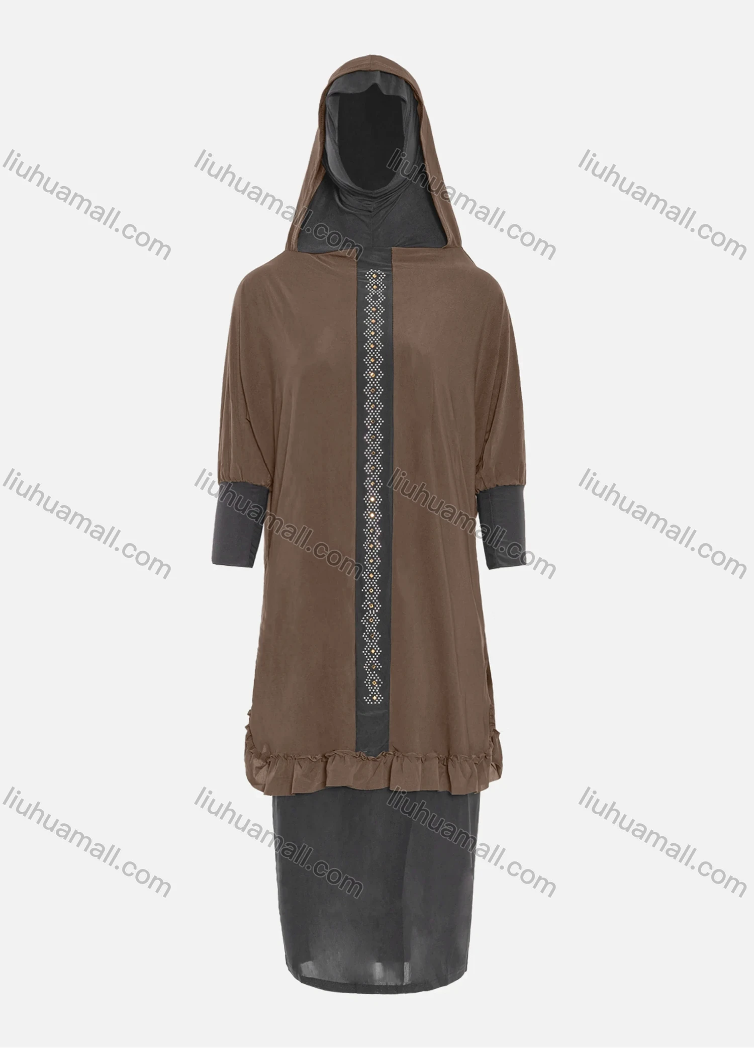 Wholesale Women's Muslim Islamic Modest Prayer Half Sleeve Rhinestone Knee Length Abaya Dress With Hijab 2 Pieces Set - Liuhuamall