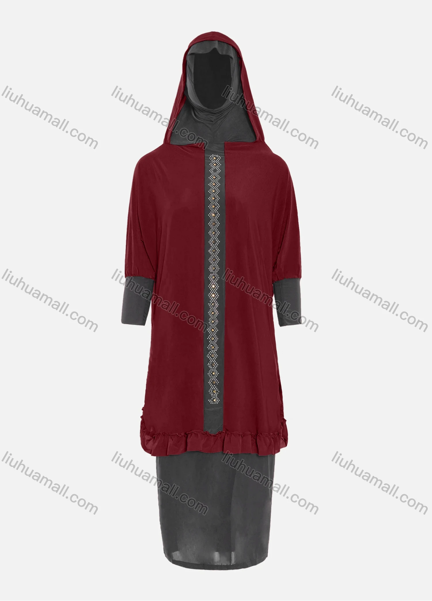 Wholesale Women's Muslim Islamic Modest Prayer Half Sleeve Rhinestone Knee Length Abaya Dress With Hijab 2 Pieces Set - Liuhuamall