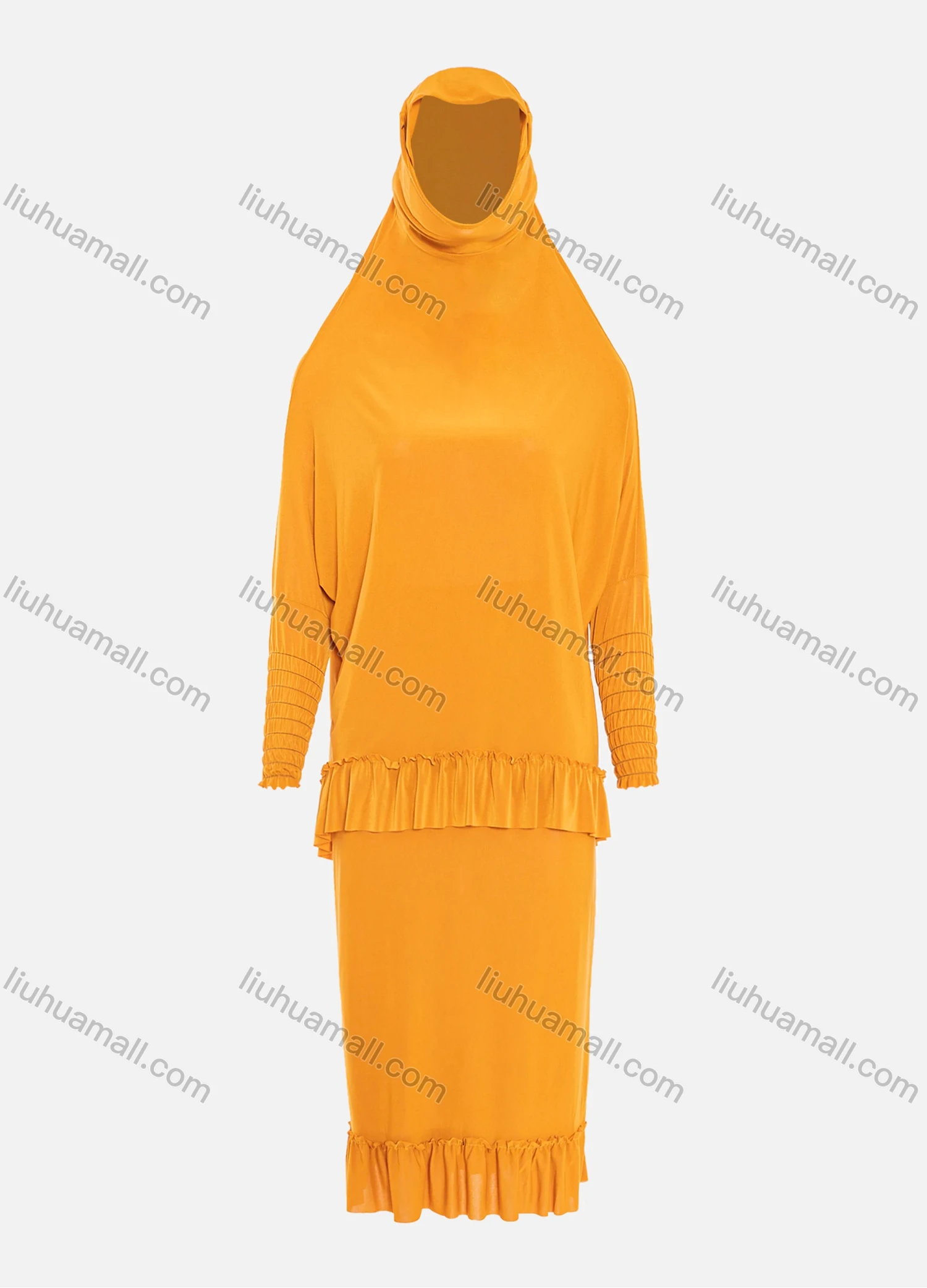 Wholesale Women's Muslim Islamic Modest Ruffle Hem Plain Knee Length Abaya Dress Hijab 2 Pieces Set - Liuhuamall