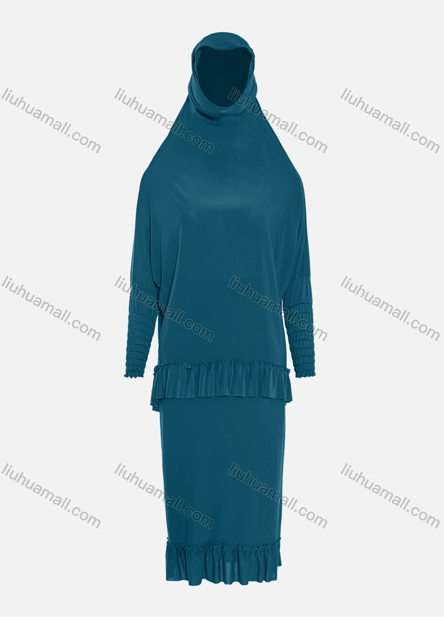 Wholesale Women's Muslim Islamic Modest Ruffle Hem Plain Knee Length Abaya Dress Hijab 2 Pieces Set - Liuhuamall