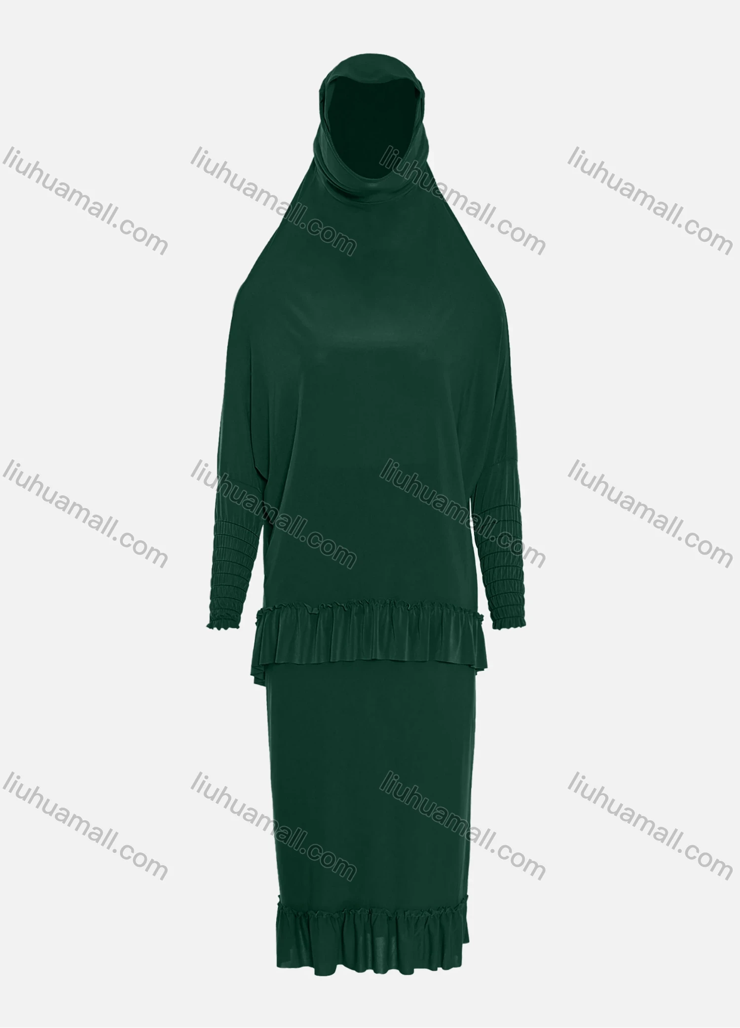 Wholesale Women's Muslim Islamic Modest Ruffle Hem Plain Knee Length Abaya Dress Hijab 2 Pieces Set - Liuhuamall