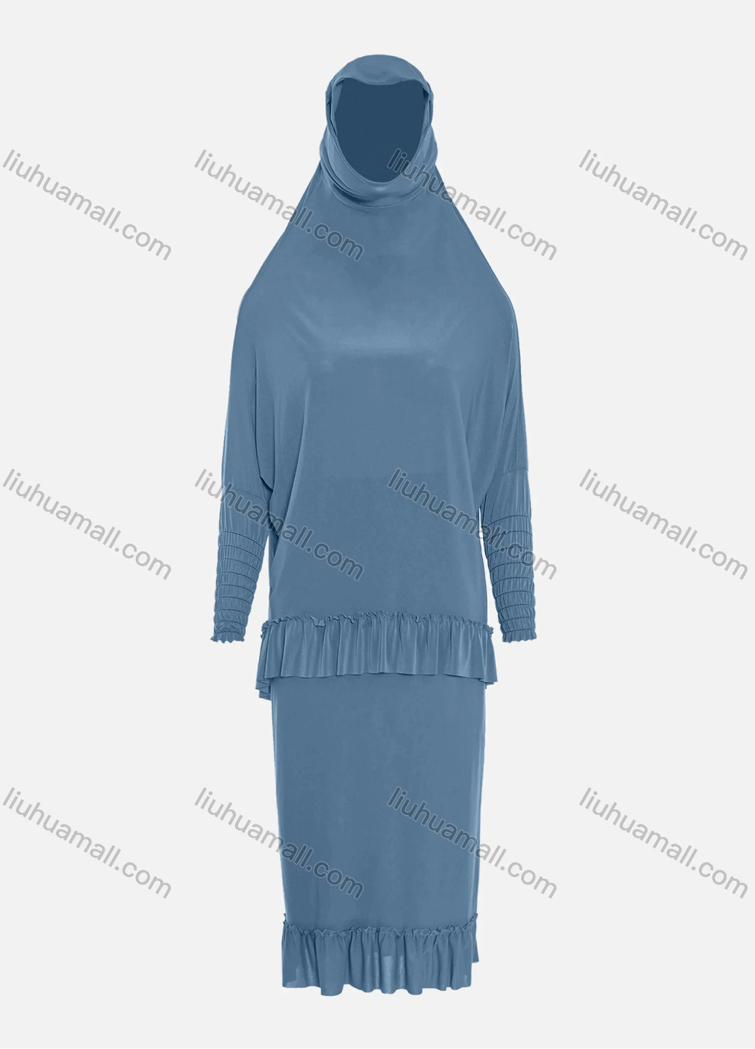 Wholesale Women's Muslim Islamic Modest Ruffle Hem Plain Knee Length Abaya Dress Hijab 2 Pieces Set - Liuhuamall