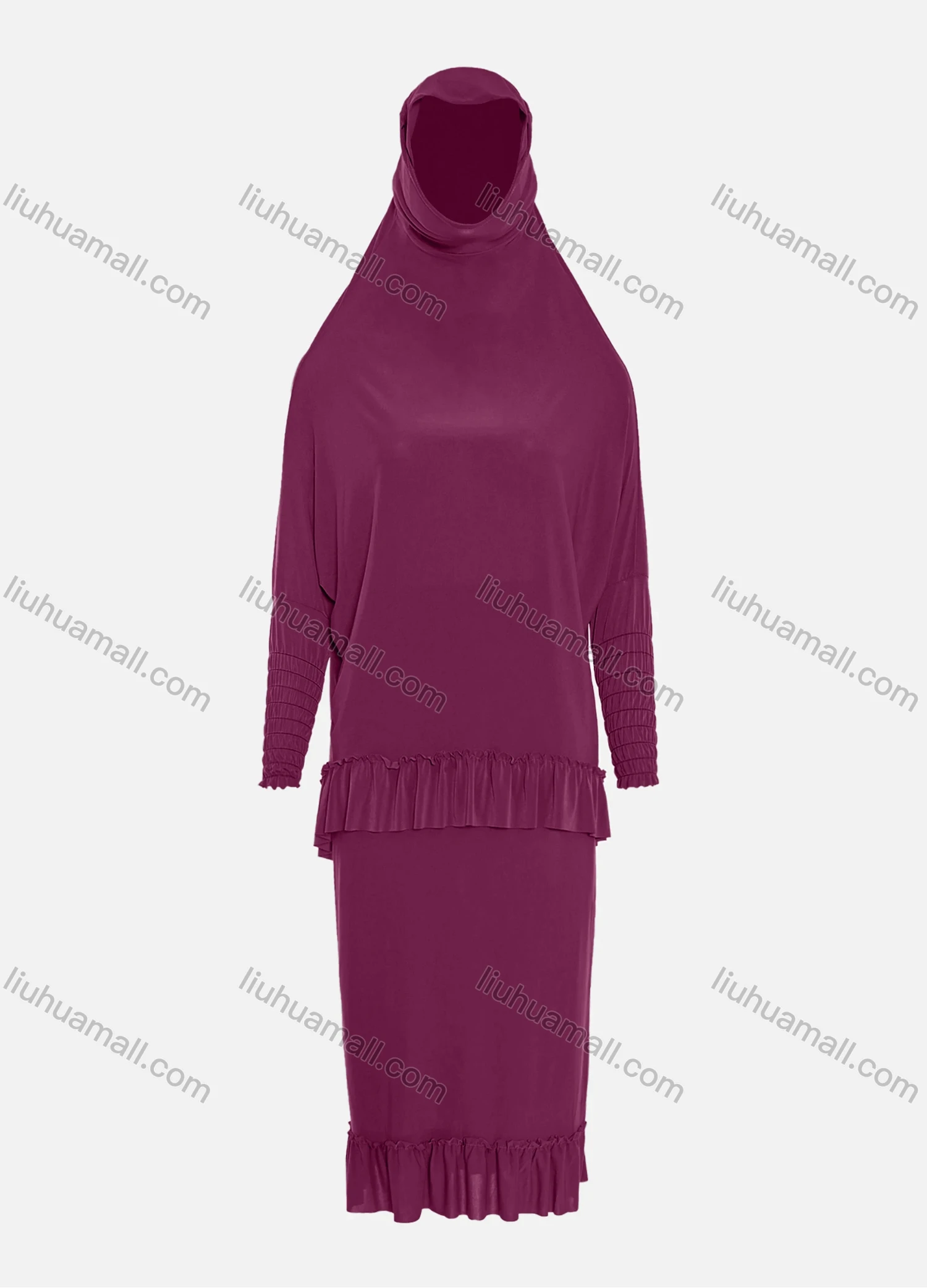 Wholesale Women's Muslim Islamic Modest Ruffle Hem Plain Knee Length Abaya Dress Hijab 2 Pieces Set - Liuhuamall